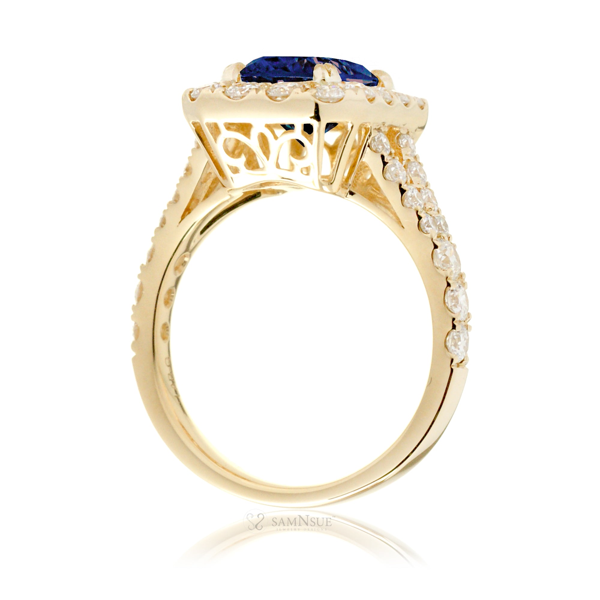 Elegant Blue Sapphire Engagement Ring with Emerald Cut and Split Shank – The Meghan in Yellow Gold