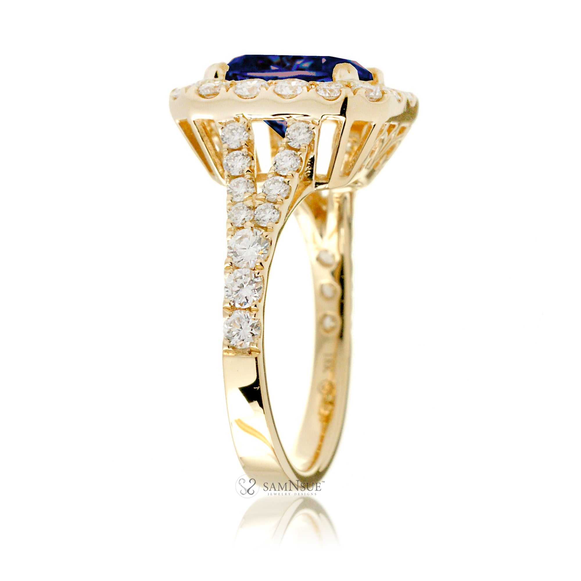 Elegant Blue Sapphire Engagement Ring with Emerald Cut and Split Shank – The Meghan in Yellow Gold