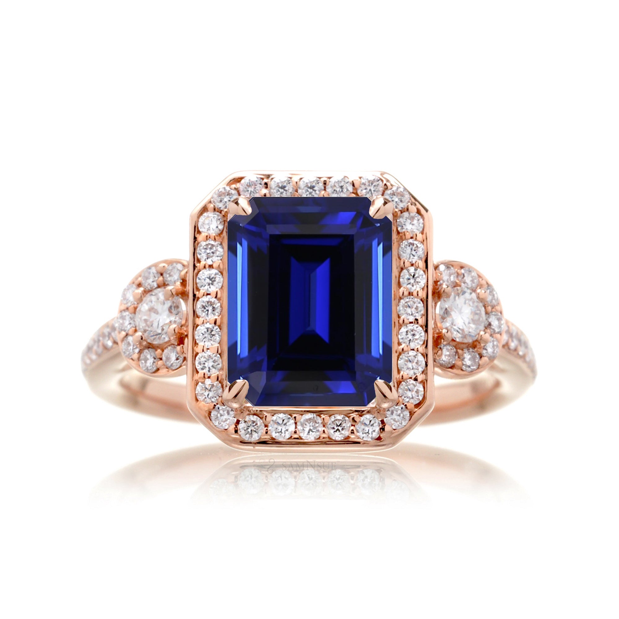 Blue Sapphire Engagement Ring with Halo and Diamond Band Rose Gold
