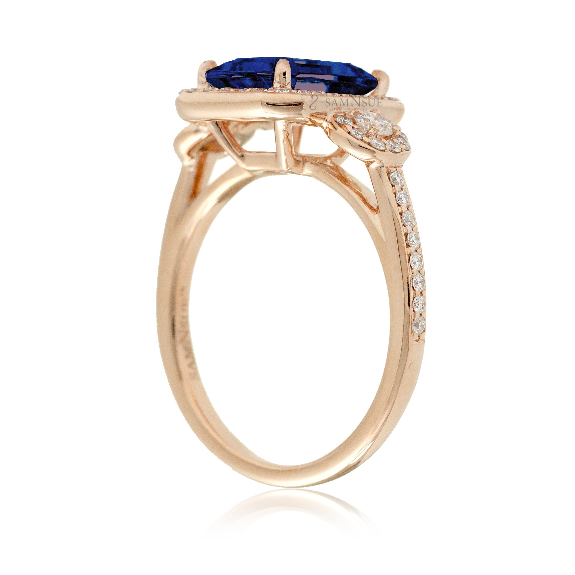 Blue Sapphire Engagement Ring with Halo and Diamond Band Rose Gold