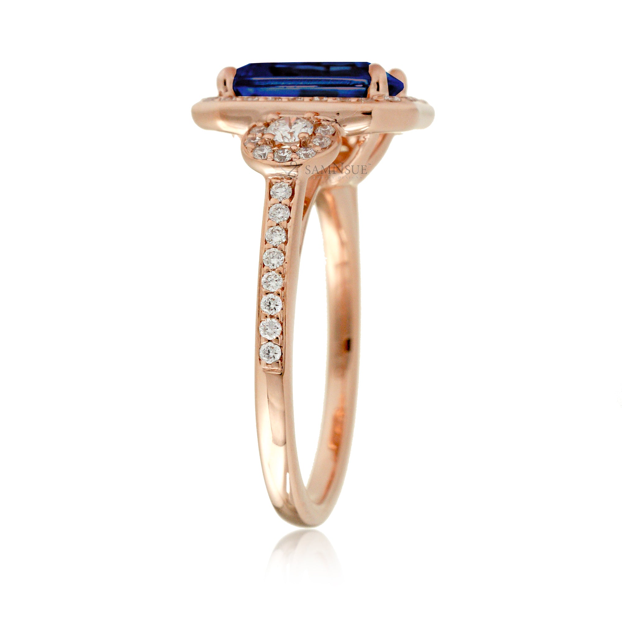 Blue Sapphire Engagement Ring with Halo and Diamond Band Rose Gold