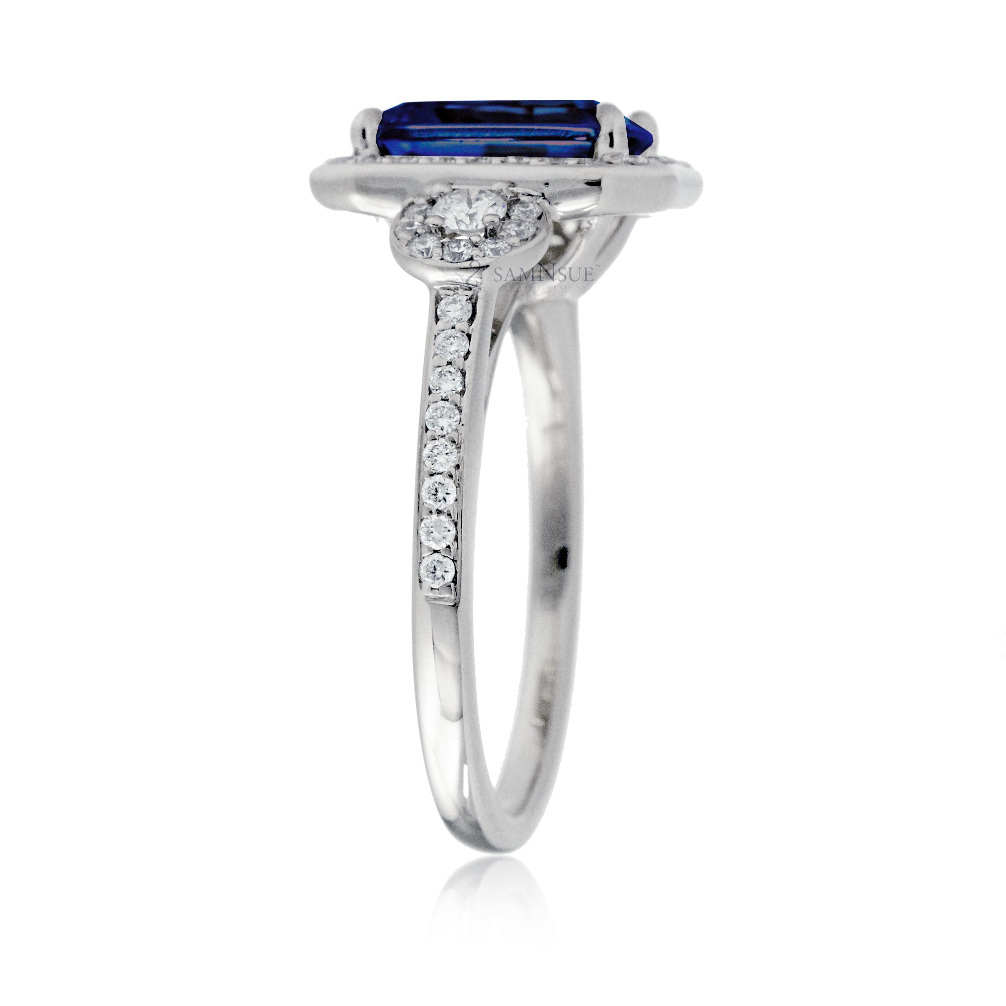 Blue Sapphire Engagement Ring with Halo and Diamond Band White Gold