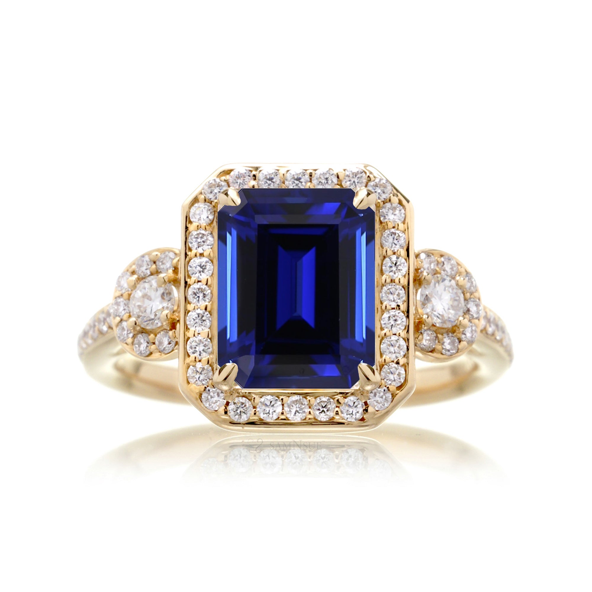 Blue Sapphire Engagement Ring with Halo and Diamond Band Yellow Gold