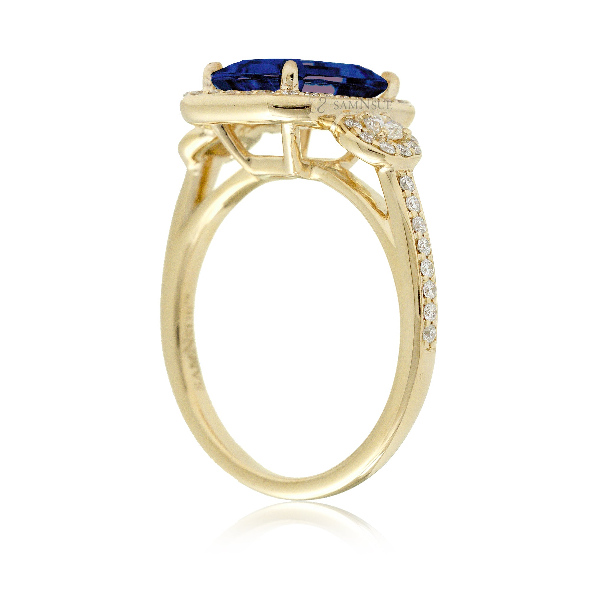 Blue Sapphire Engagement Ring with Halo and Diamond Band Yellow Gold