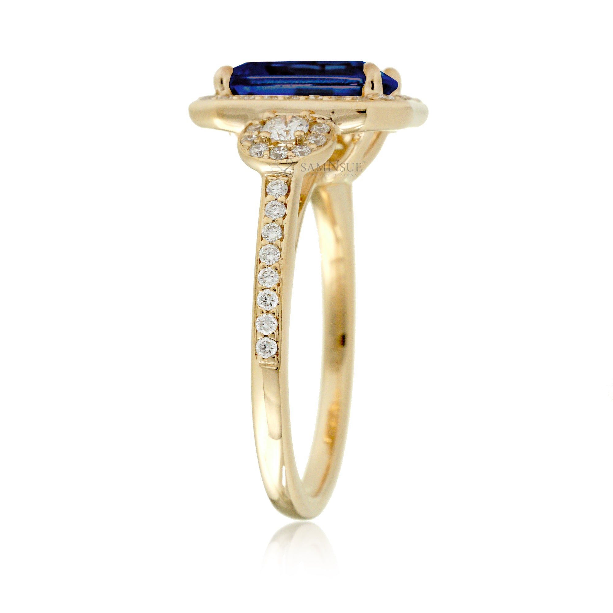 Blue Sapphire Engagement Ring with Halo and Diamond Band Yellow Gold