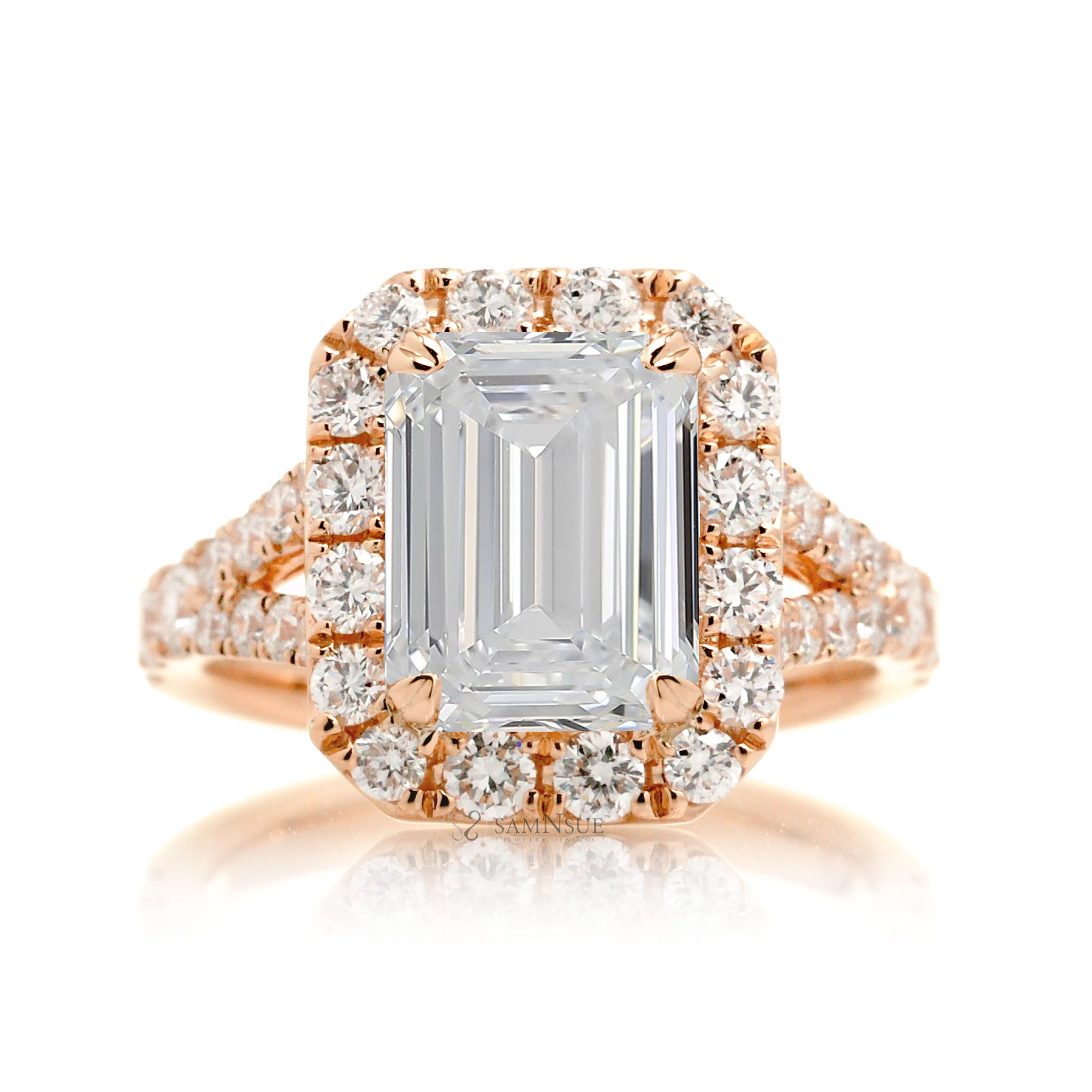 Ethical Emerald-Cut Diamond Engagement Ring with Halo and Split Band – The Meghan in Rose Gold