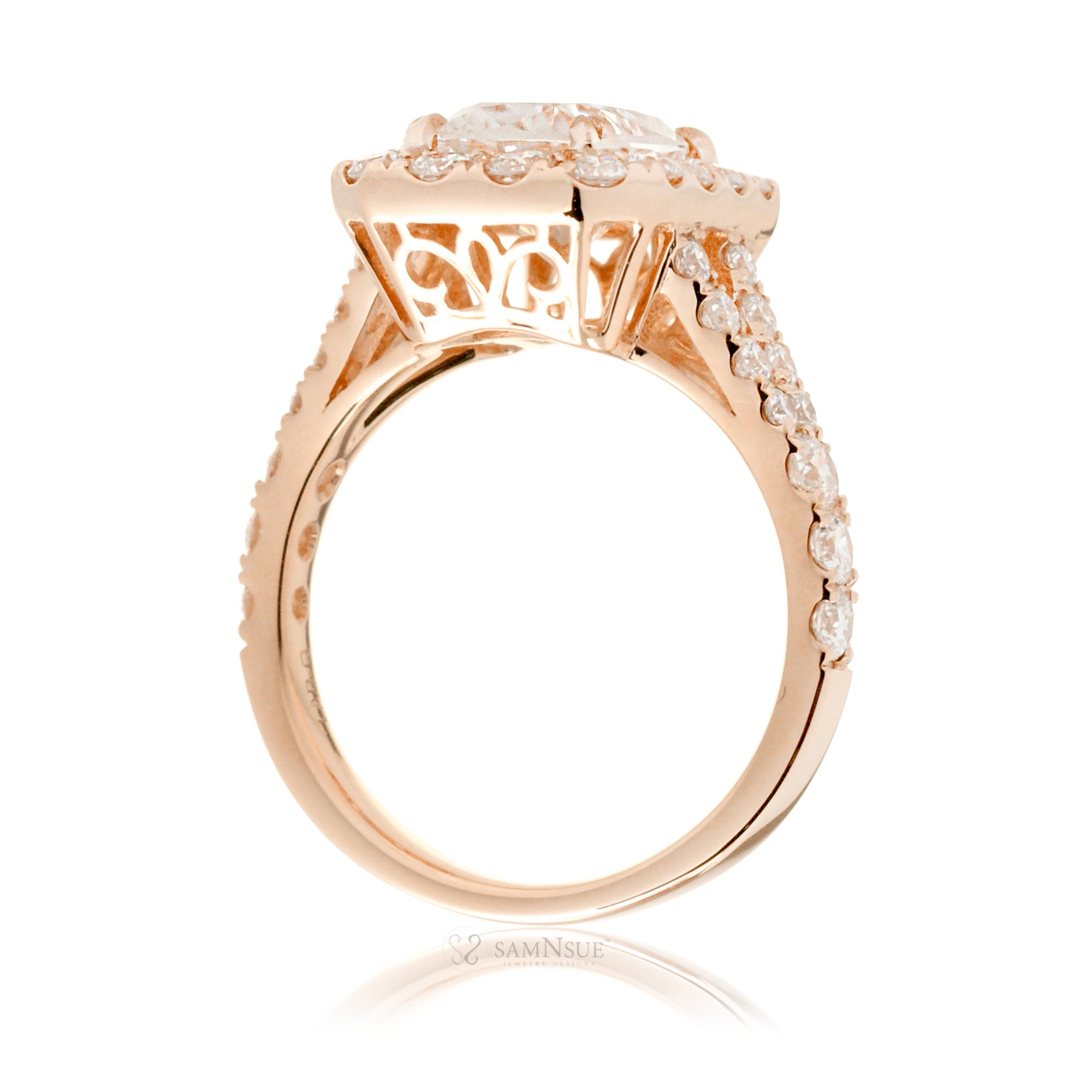 Ethical Emerald-Cut Diamond Engagement Ring with Halo and Split Band – The Meghan in Rose Gold