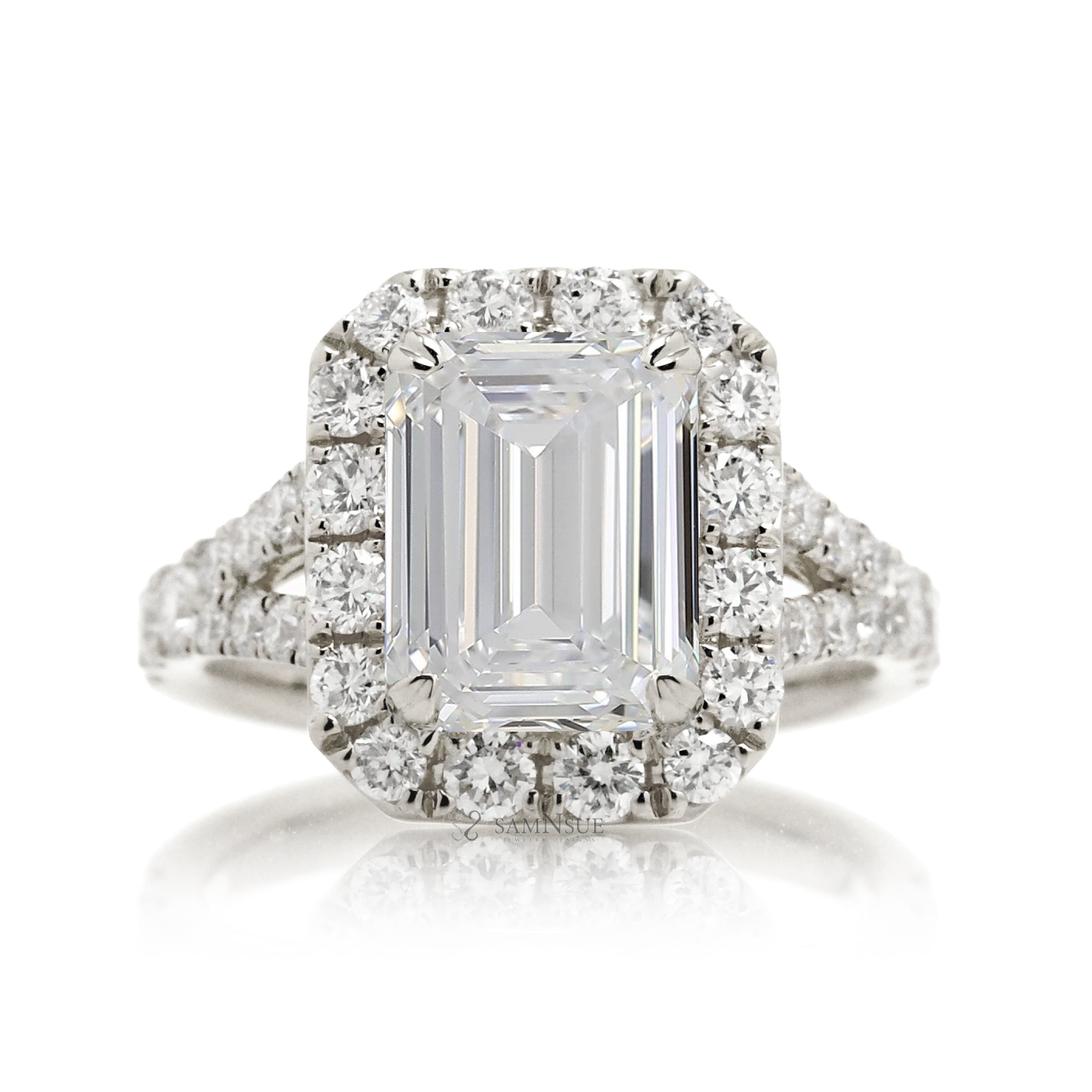 Ethical Emerald-Cut Diamond Engagement Ring with Halo and Split Band – The Meghan in White Gold