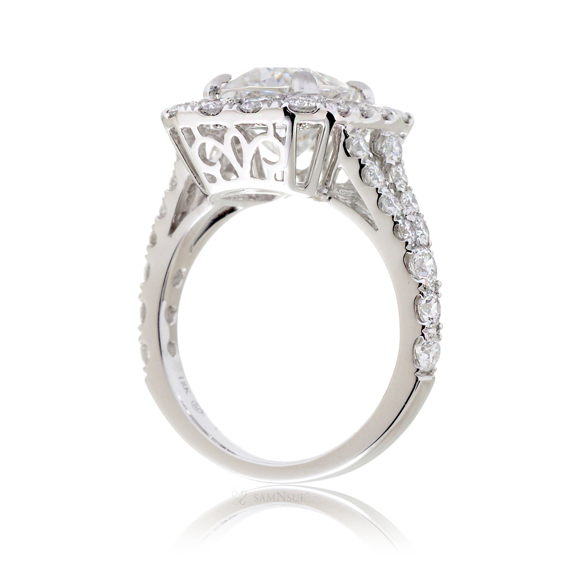 Ethical Emerald-Cut Diamond Engagement Ring with Halo and Split Band – The Meghan in White Gold