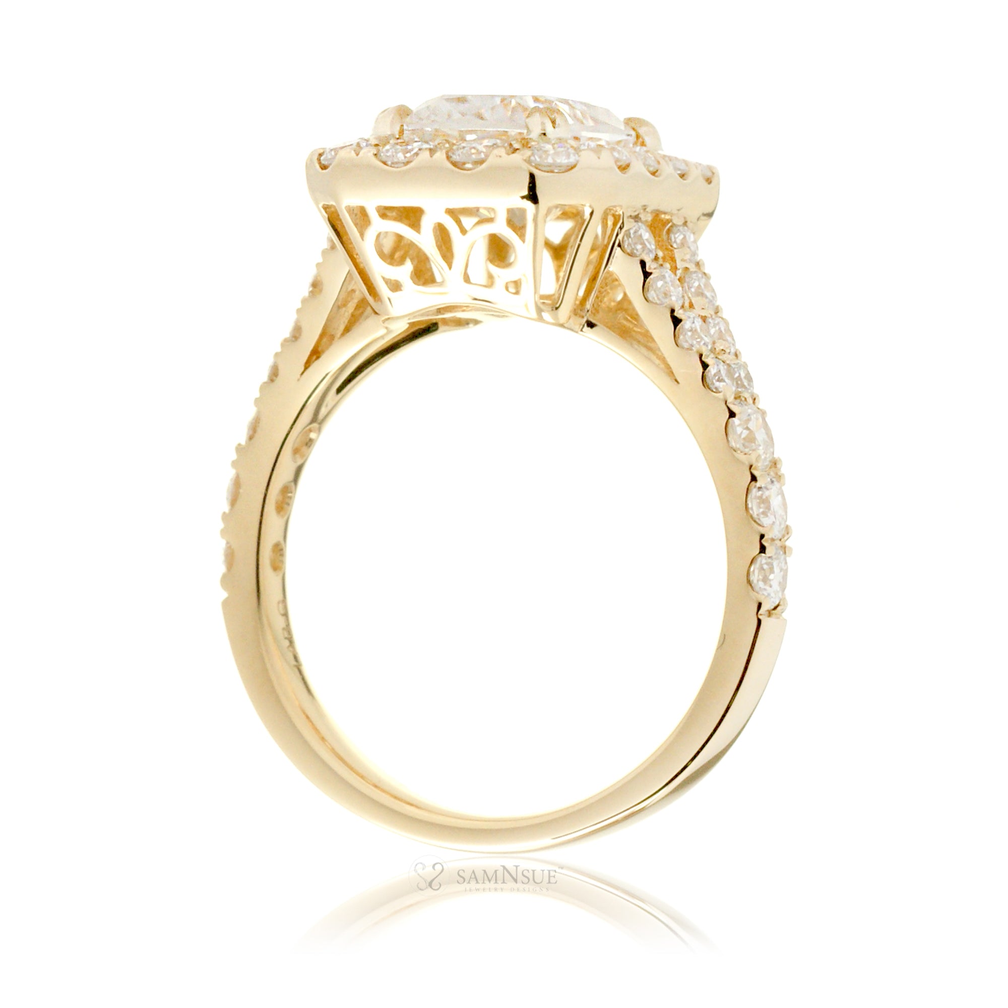 Ethical Emerald-Cut Diamond Engagement Ring with Halo and Split Band – The Meghan in Yellow Gold