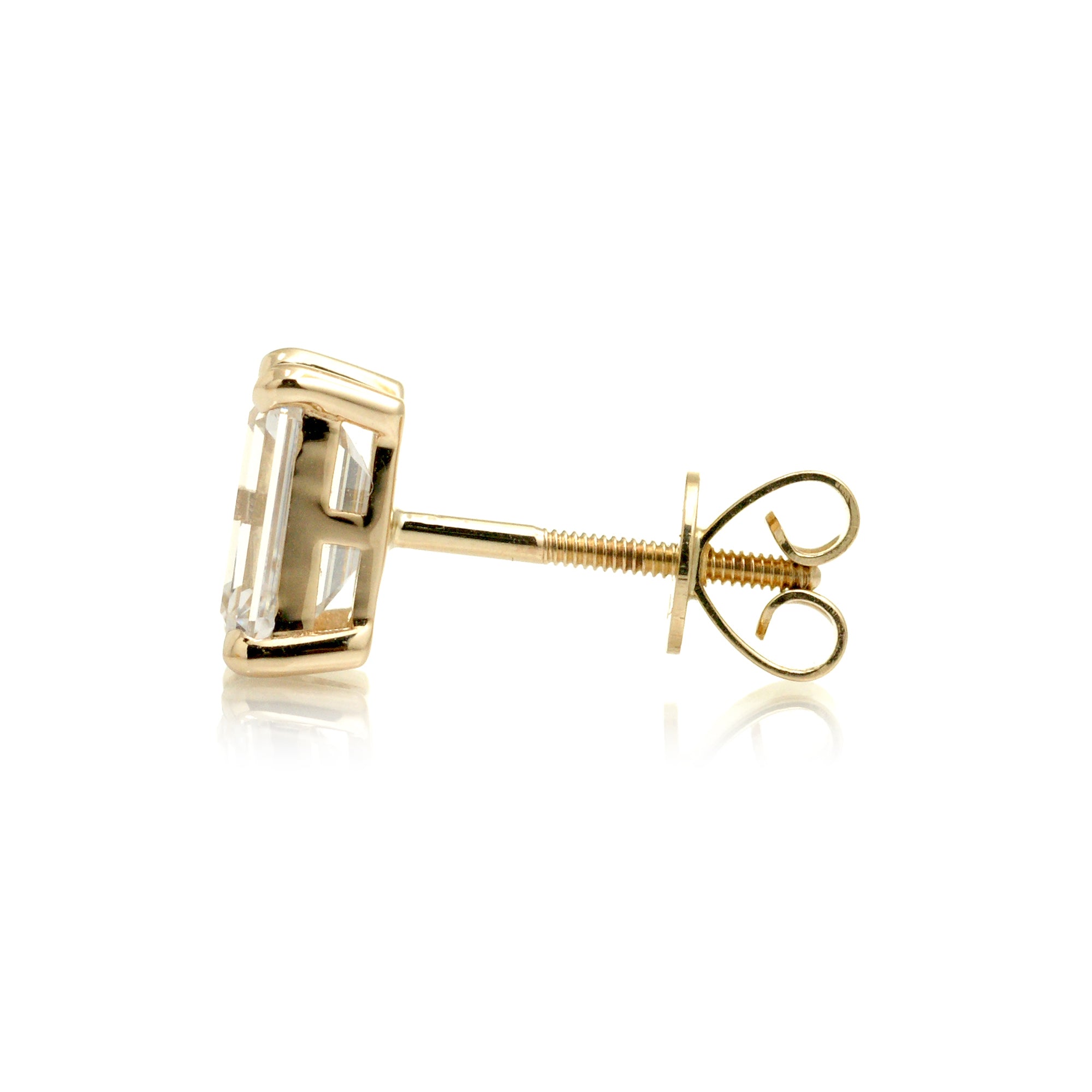 Diamond earrings emerald cut studs yellow gold screw backs