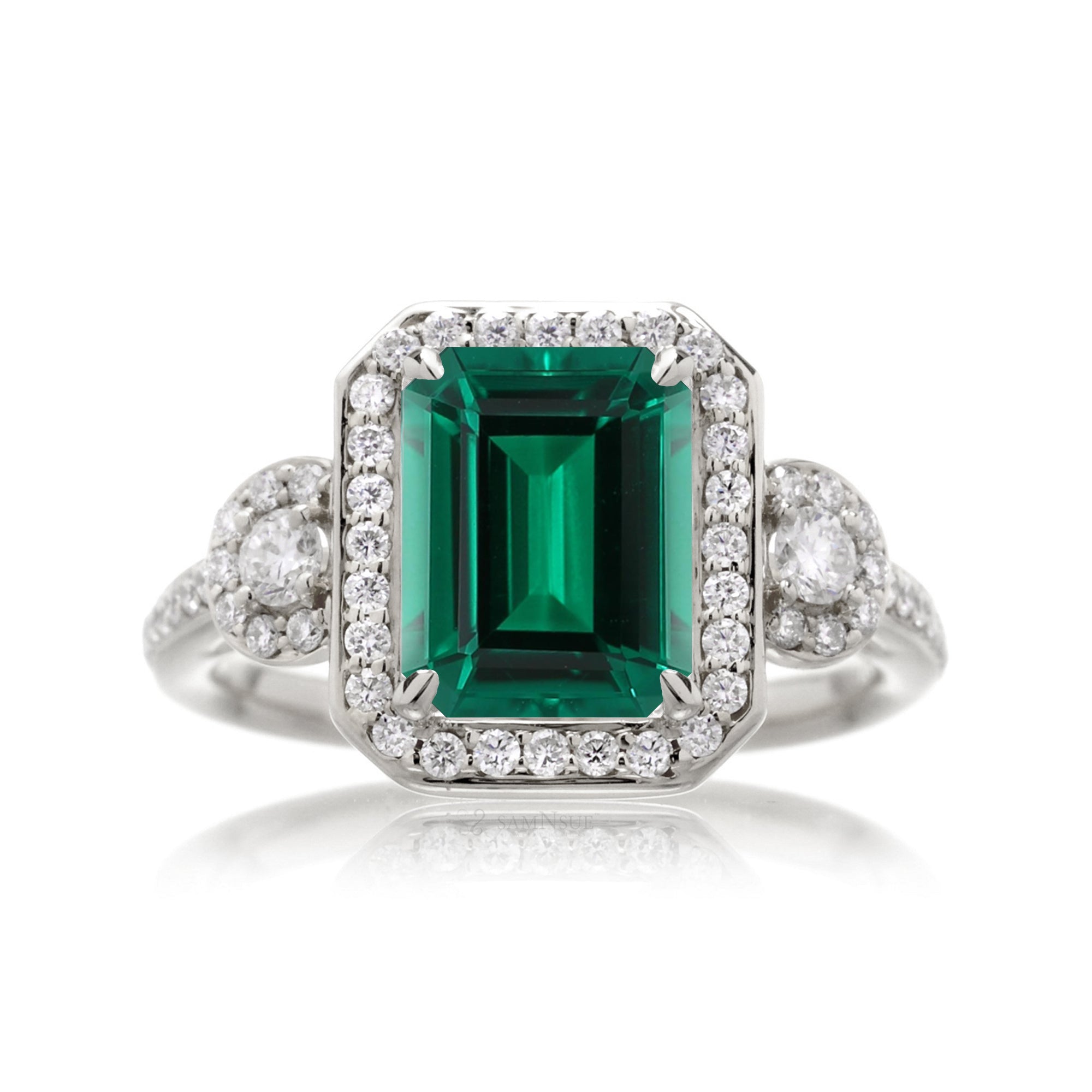 Emerald Cut Emerald Engagement Ring with Diamond Accents
