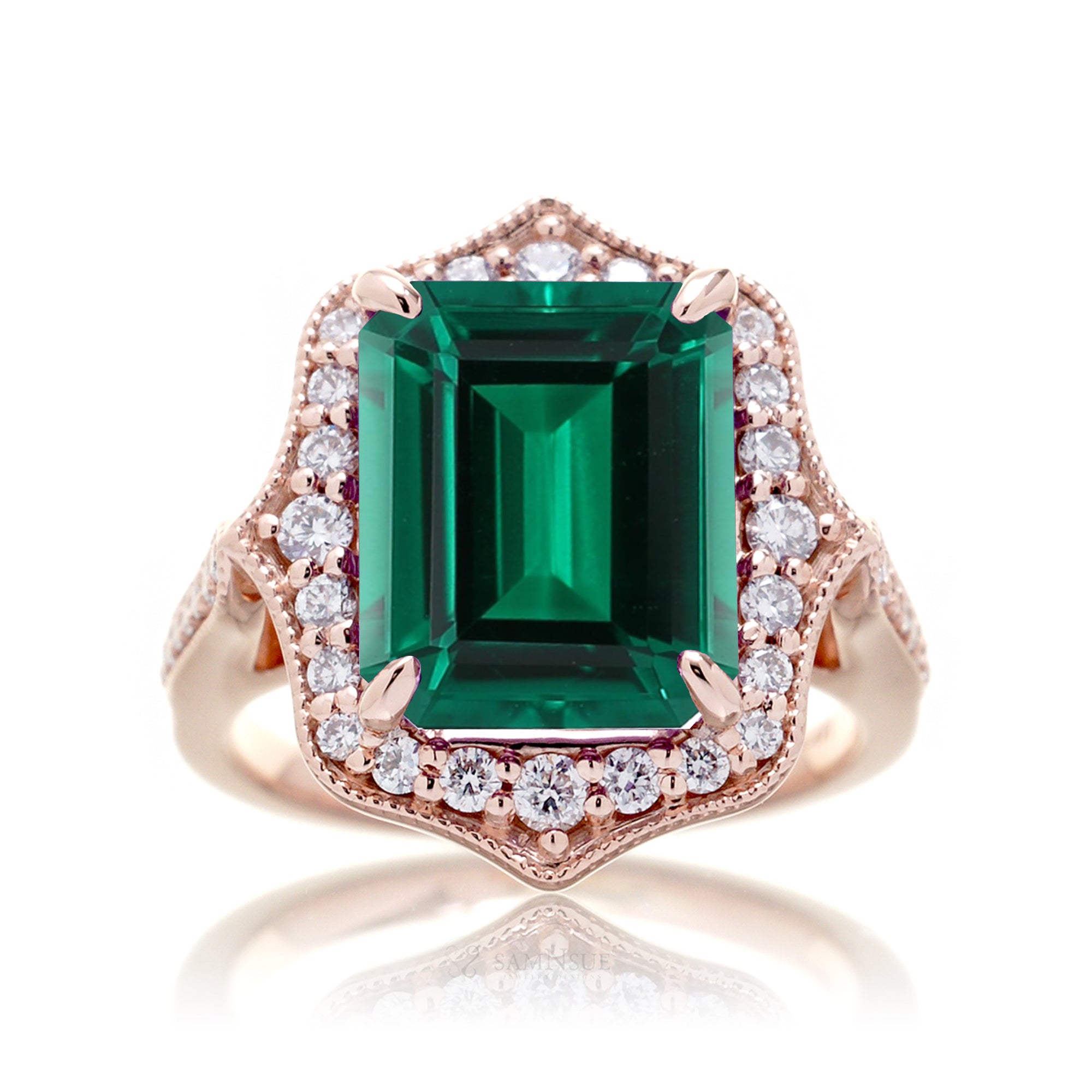 Art Deco Inspired Emerald and Diamond Ring in Rose Gold