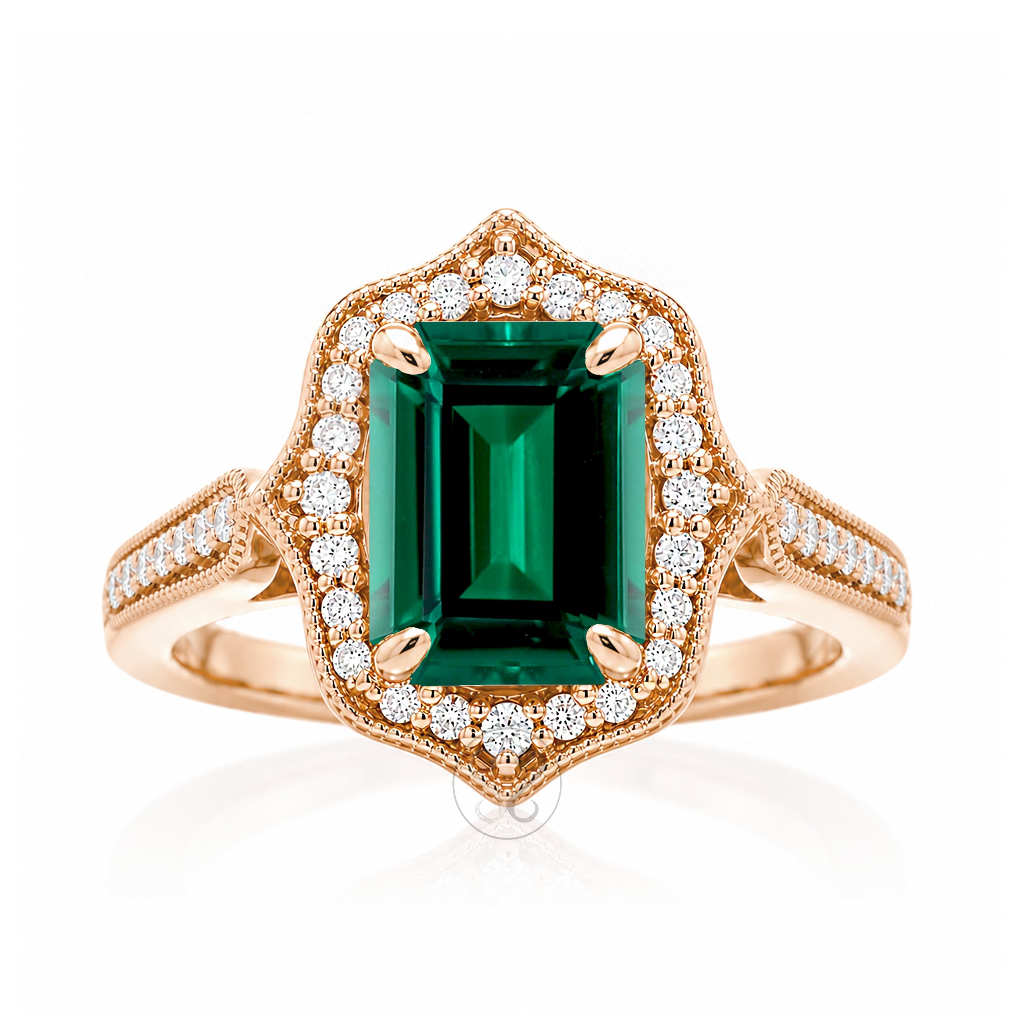 Art Deco Inspired Emerald and Diamond Ring in Rose Gold