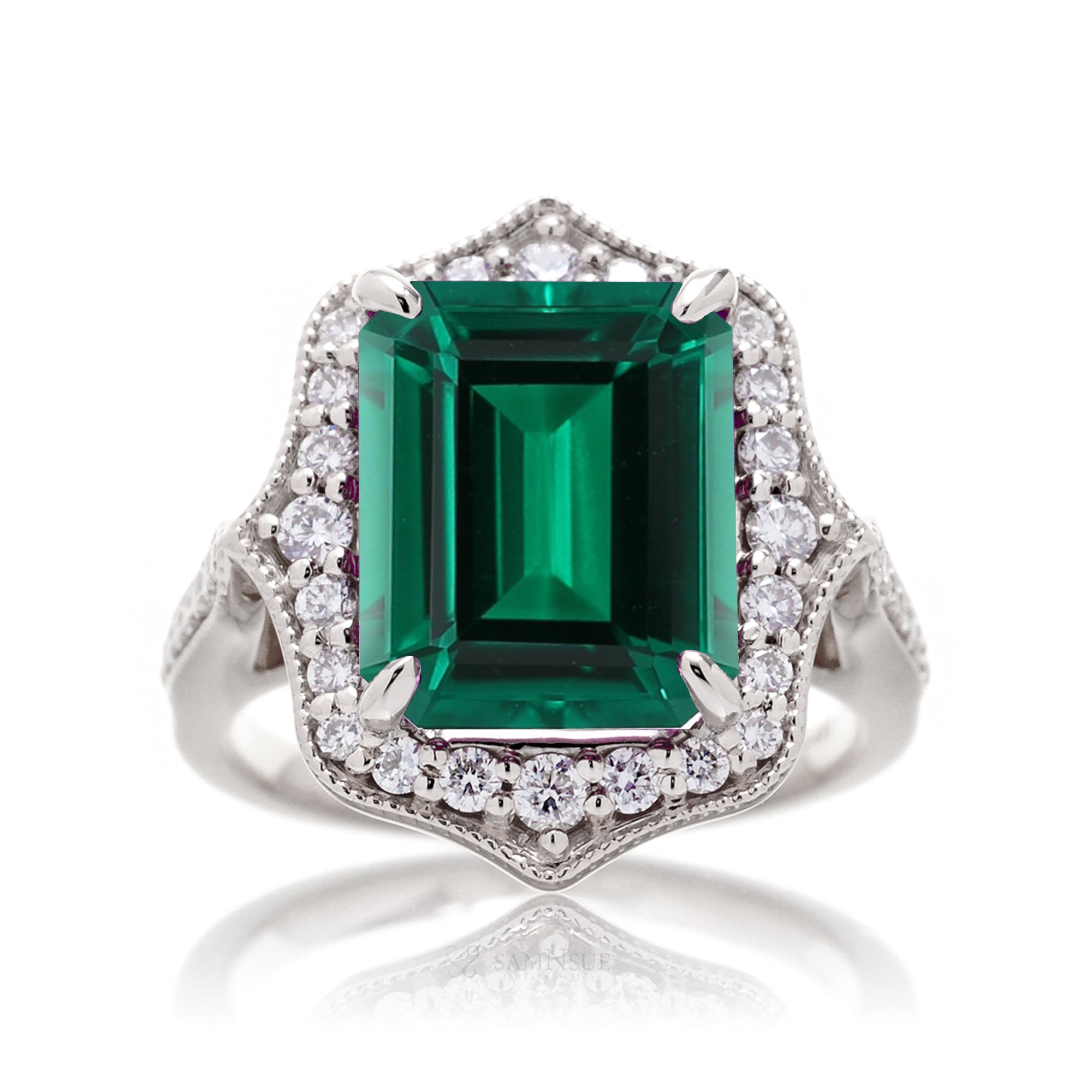 Emerald-Cut Emerald and Diamond Ring in White Gold