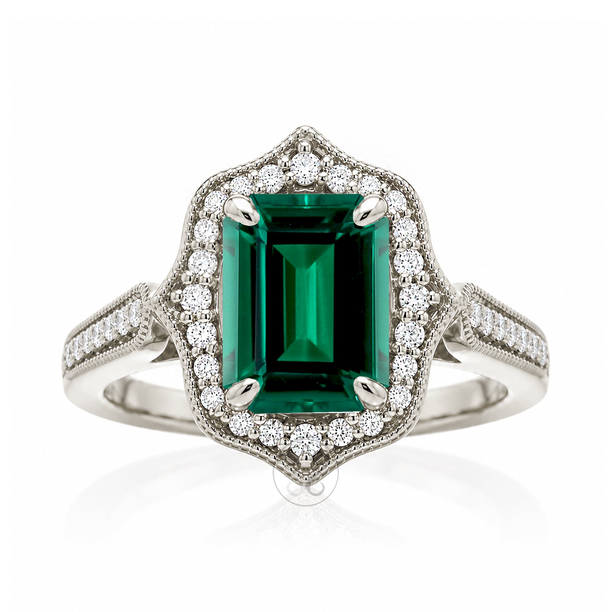 Emerald-Cut Emerald and Diamond Ring in White Gold