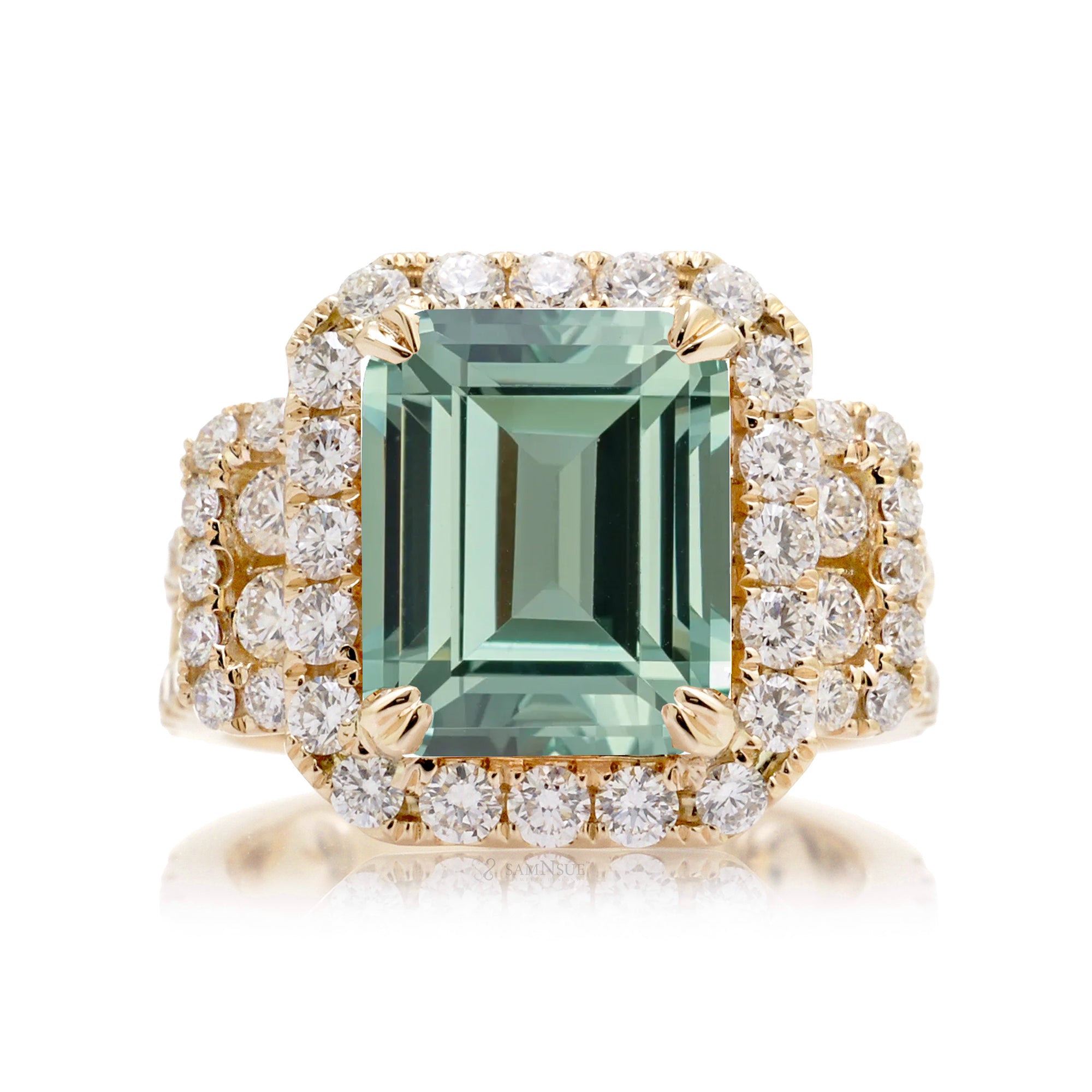 Three Row Green Sapphire Halo Ring in Yellow Gold