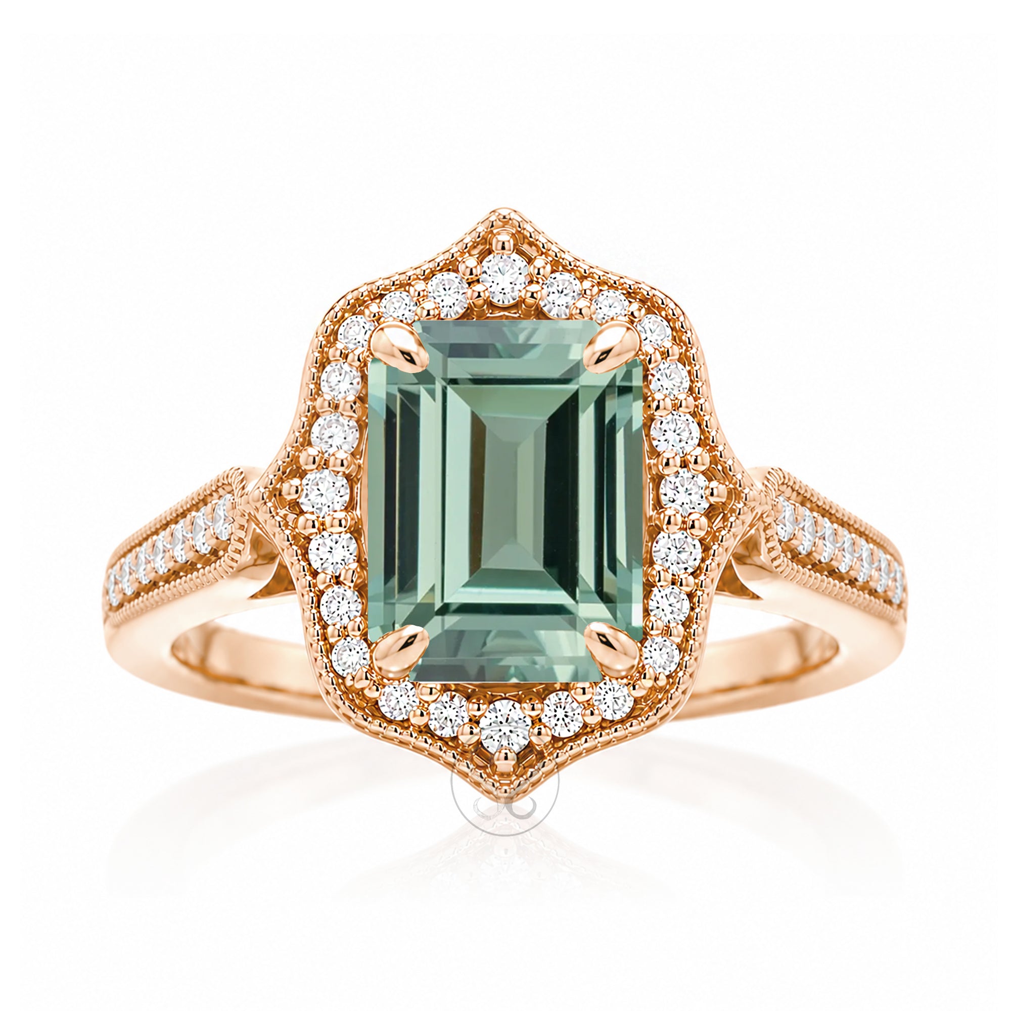Art Deco Inspired Green Sapphire and Diamond Ring in Rose Gold