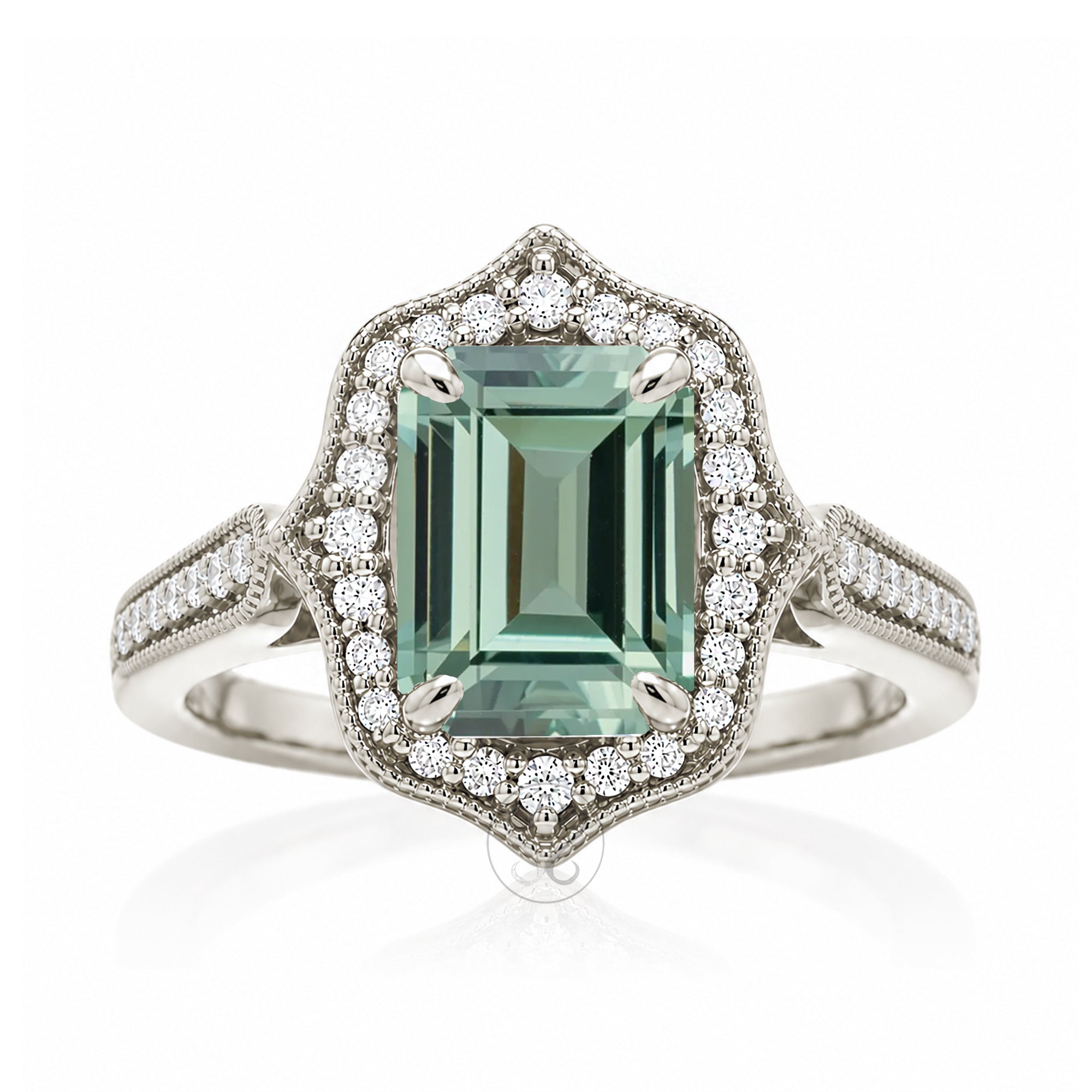 Emerald-Cut Green Sapphire and Diamond Ring in White Gold