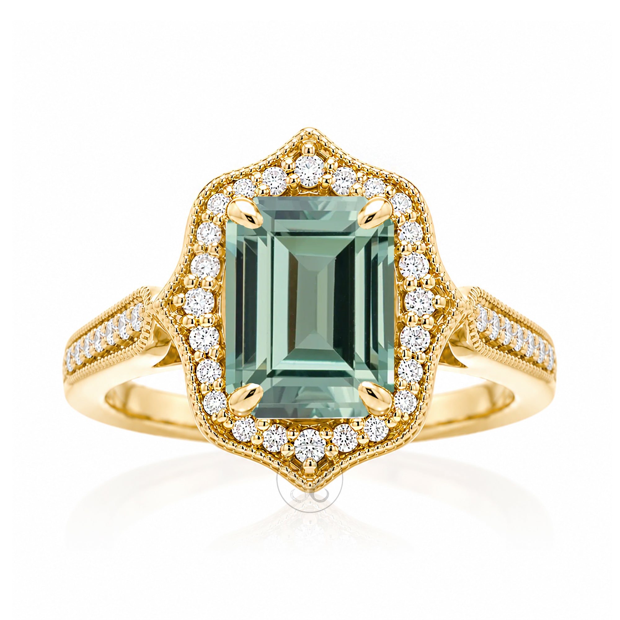 Vintage Green Sapphire Diamond Halo Ring in Yellow Gold