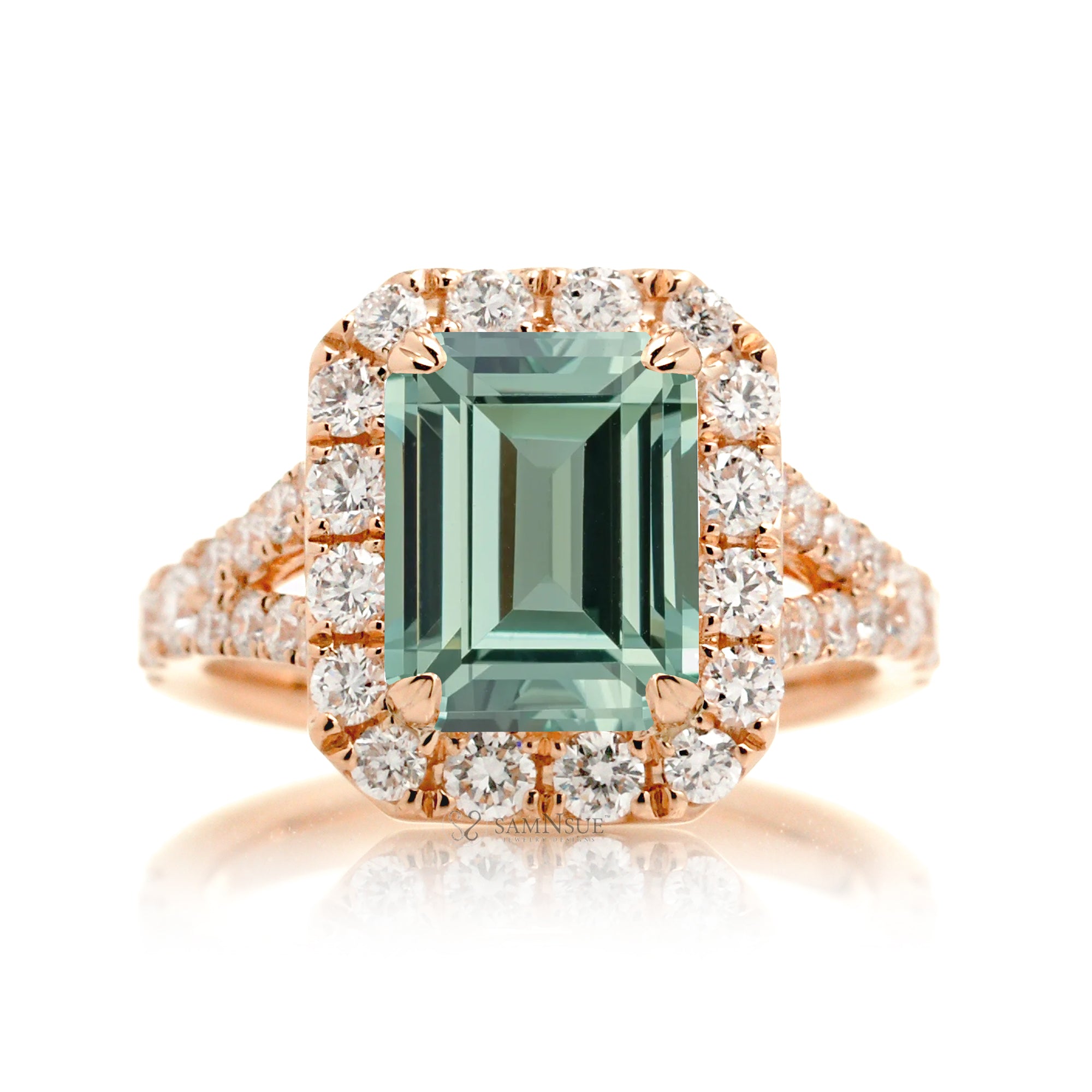 Emerald-Cut Green Sapphire and Diamond Halo Engagement Ring Rose Gold