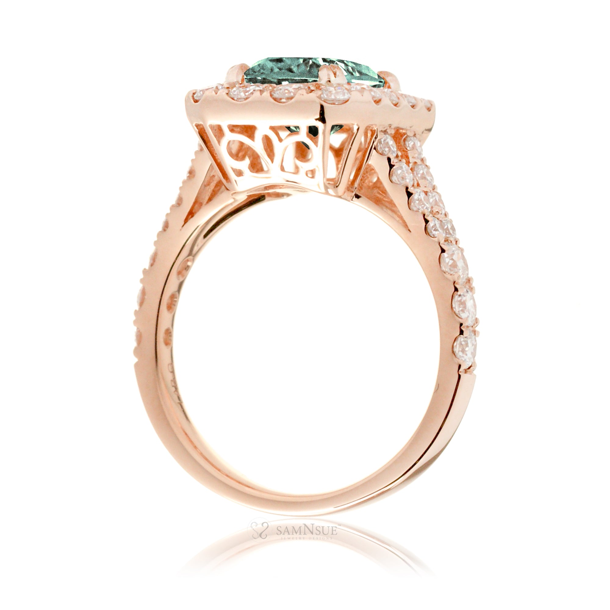 Emerald-Cut Green Sapphire and Diamond Halo Engagement Ring Rose Gold