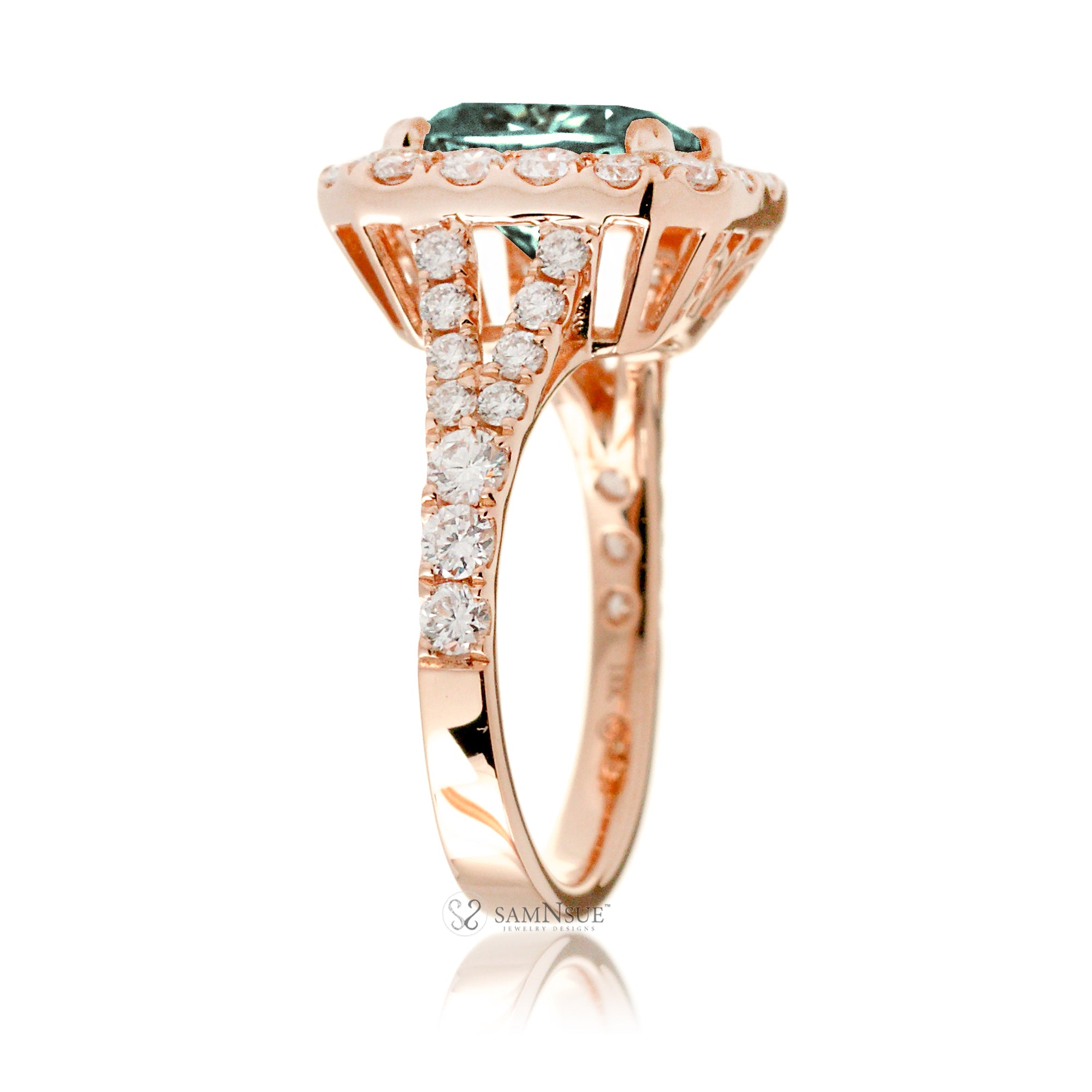 Emerald-Cut Green Sapphire and Diamond Halo Engagement Ring Rose Gold