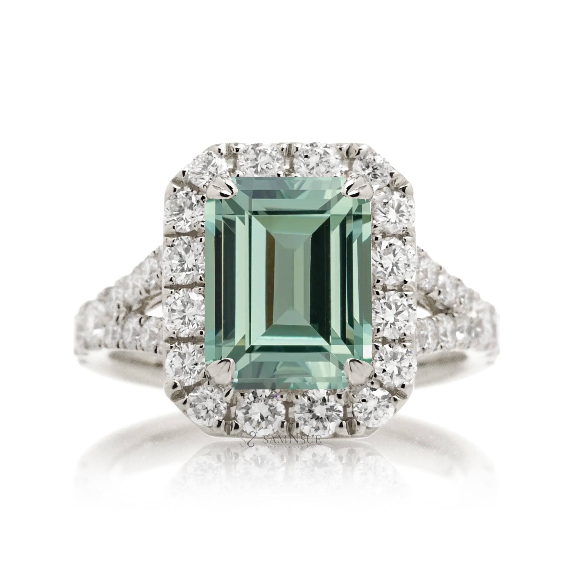 Emerald-Cut Green Sapphire and Diamond Halo Engagement Ring White Gold
