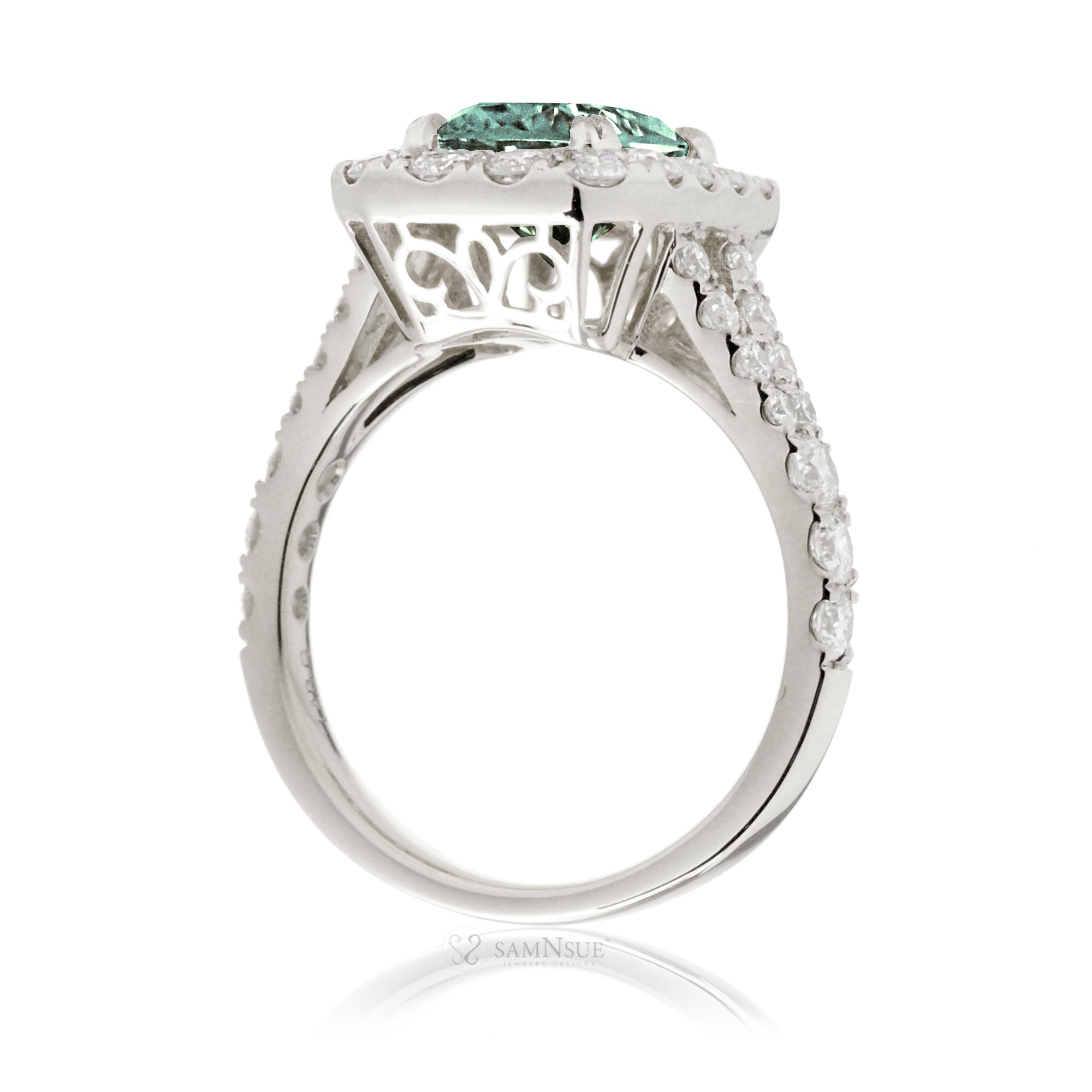 Emerald-Cut Green Sapphire and Diamond Halo Engagement Ring White Gold