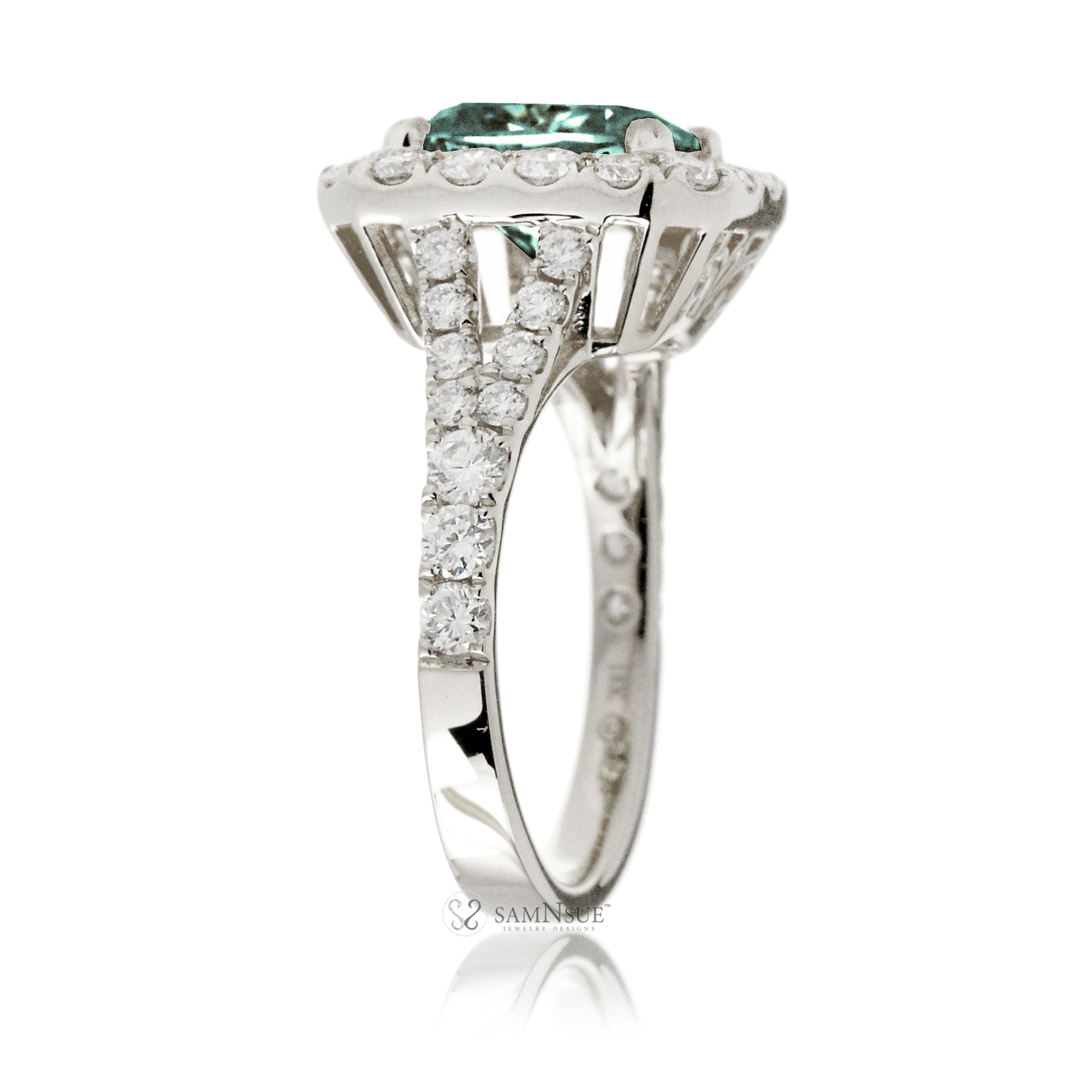 Emerald-Cut Green Sapphire and Diamond Halo Engagement Ring White Gold