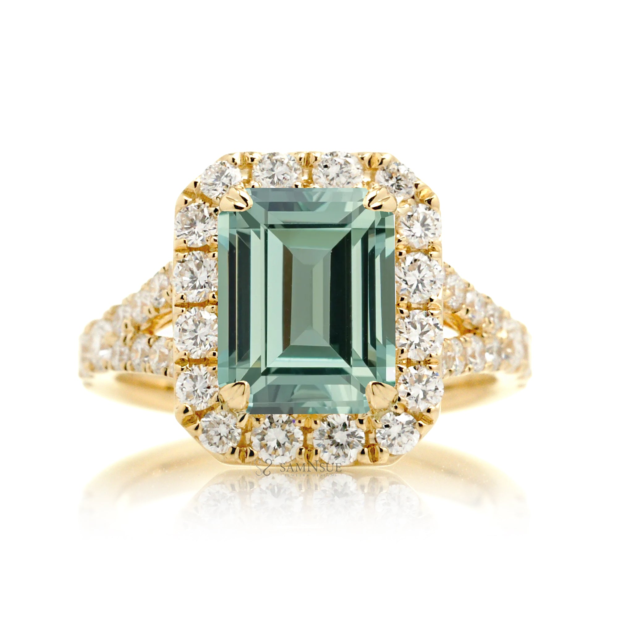 Emerald-Cut Green Sapphire and Diamond Halo Engagement Ring Yellow Gold