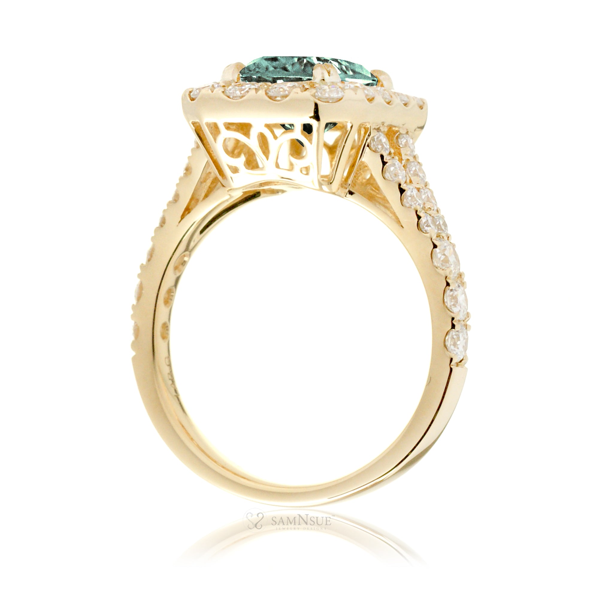 Emerald-Cut Green Sapphire and Diamond Halo Engagement Ring Yellow Gold