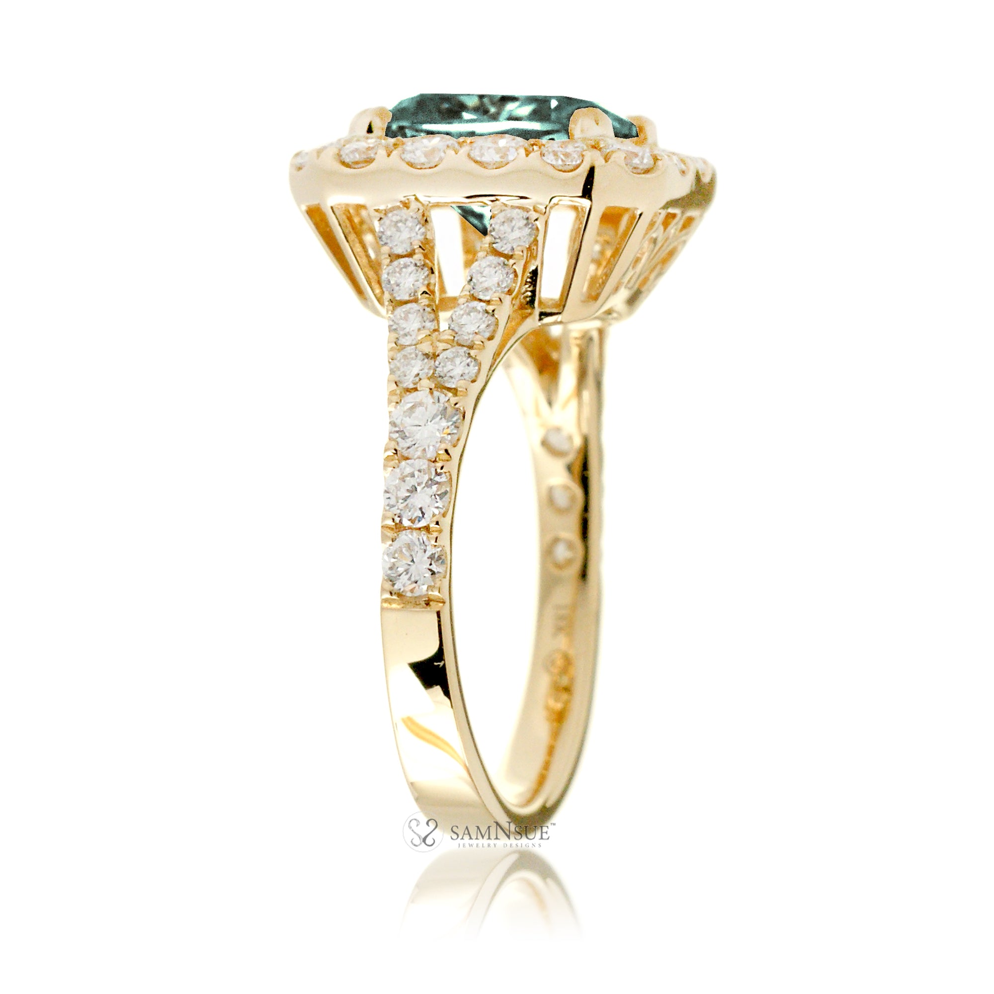 Emerald-Cut Green Sapphire and Diamond Halo Engagement Ring Yellow Gold