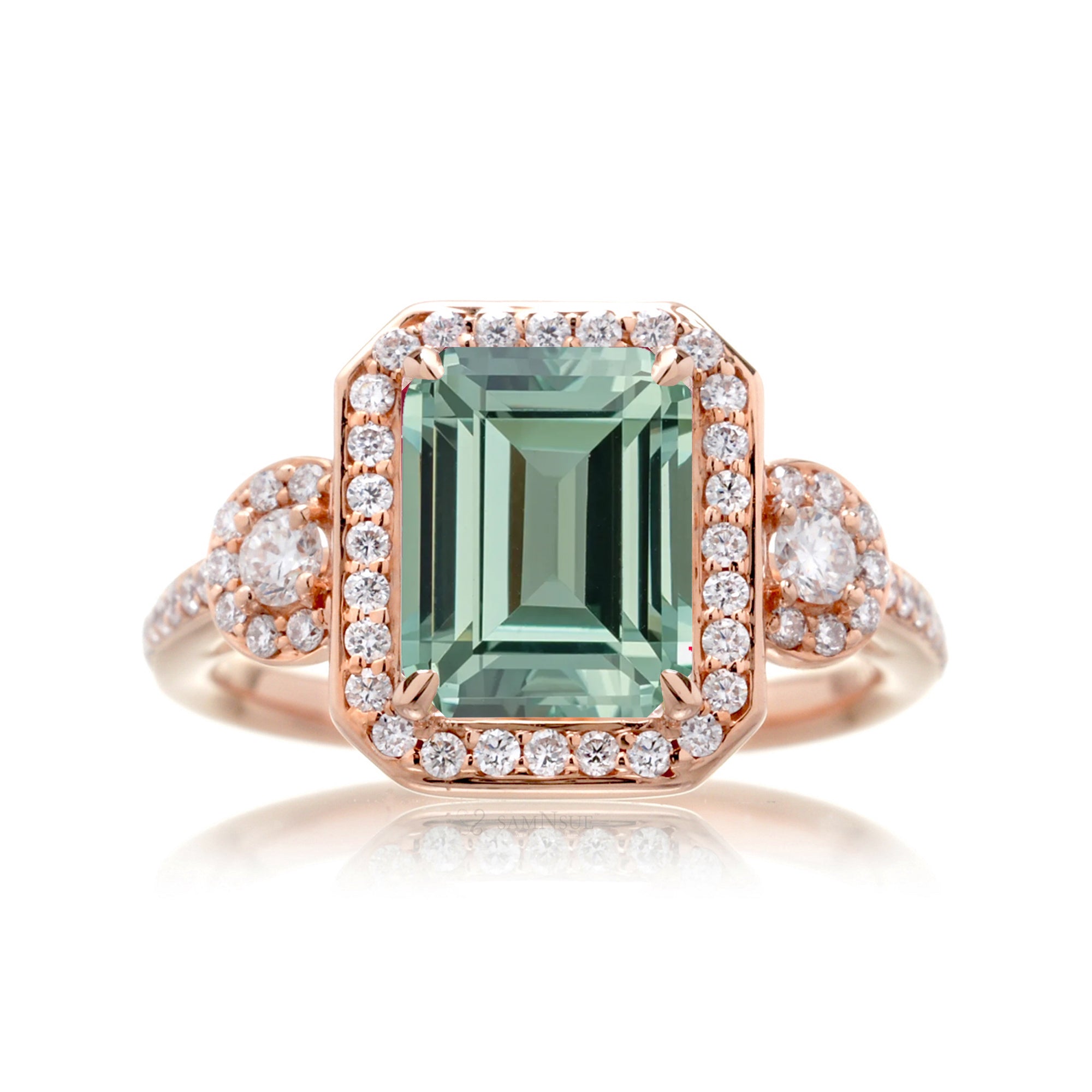 Green Sapphire Engagement Ring – Emerald Cut with Cathedral Design