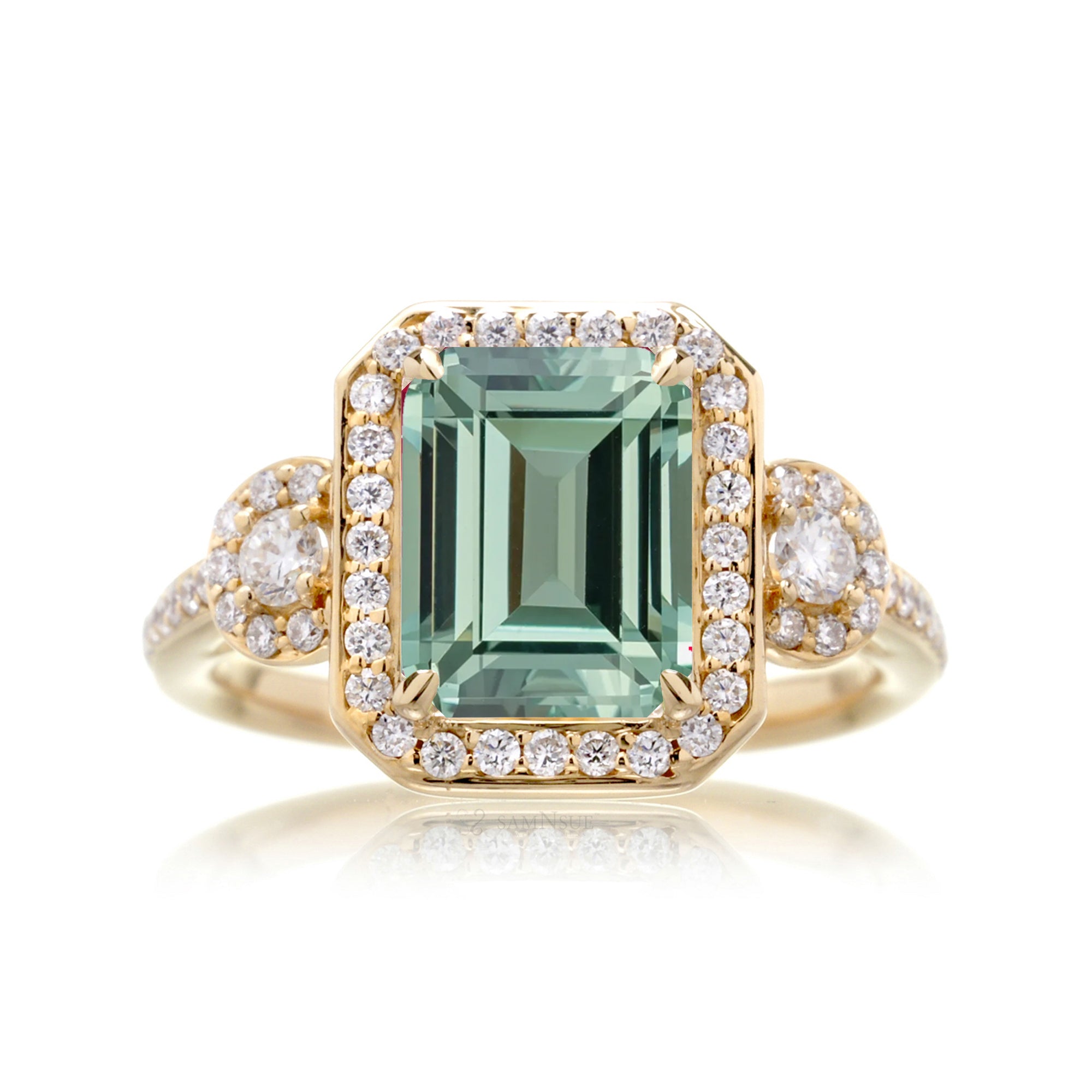 Emerald Cut Green Sapphire Ring with Diamond Halo Setting