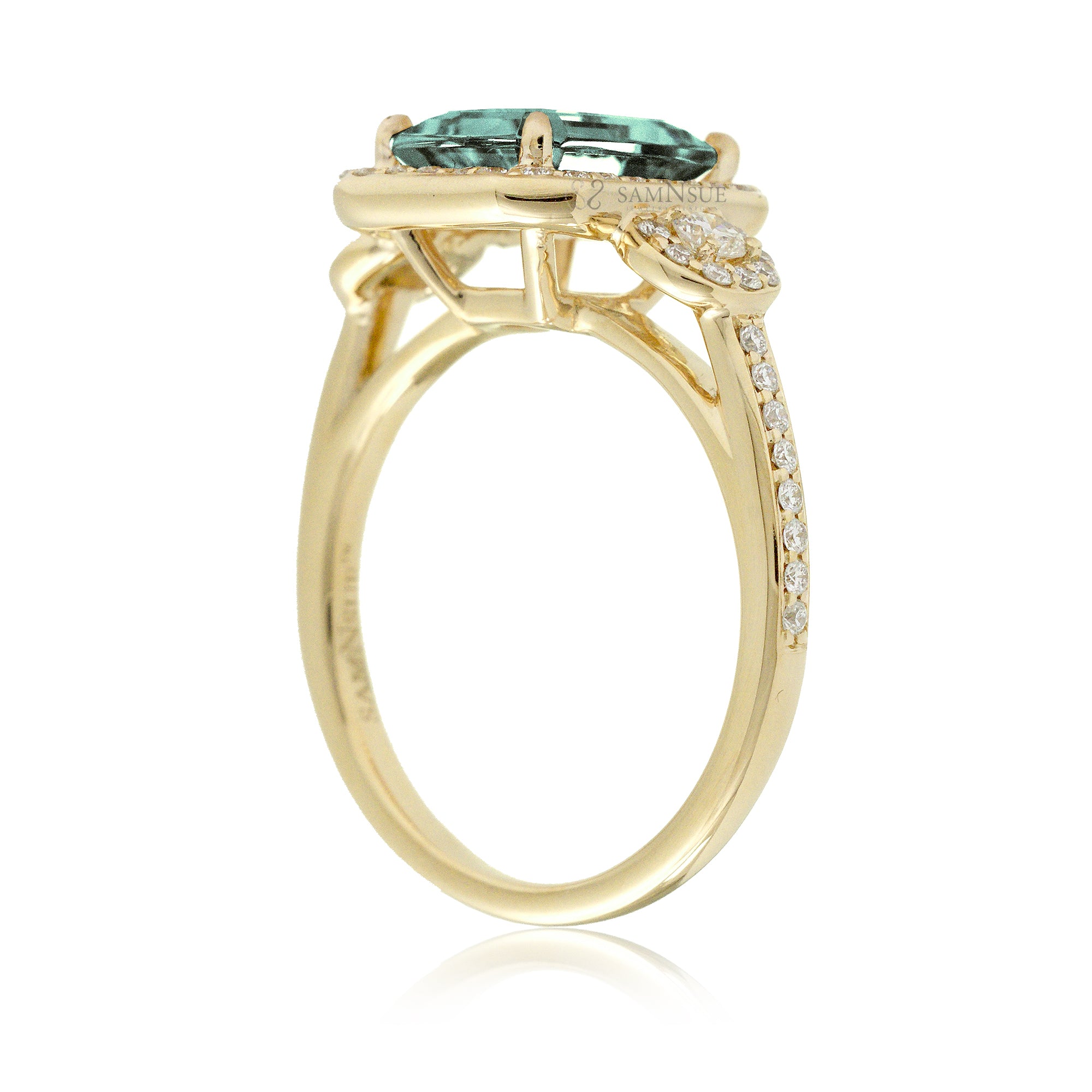Emerald Cut Green Sapphire Ring with Diamond Halo Setting