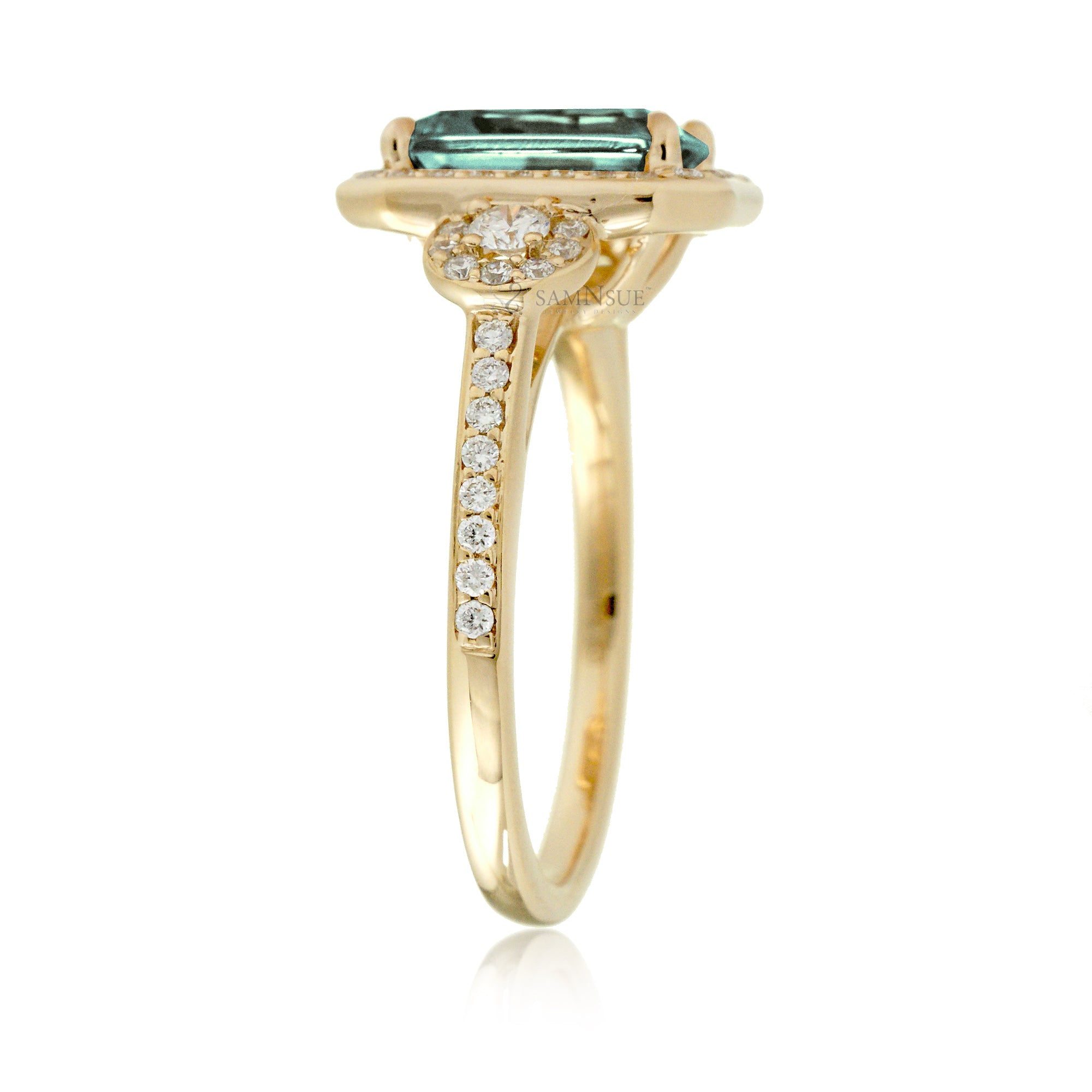 Emerald Cut Green Sapphire Ring with Diamond Halo Setting