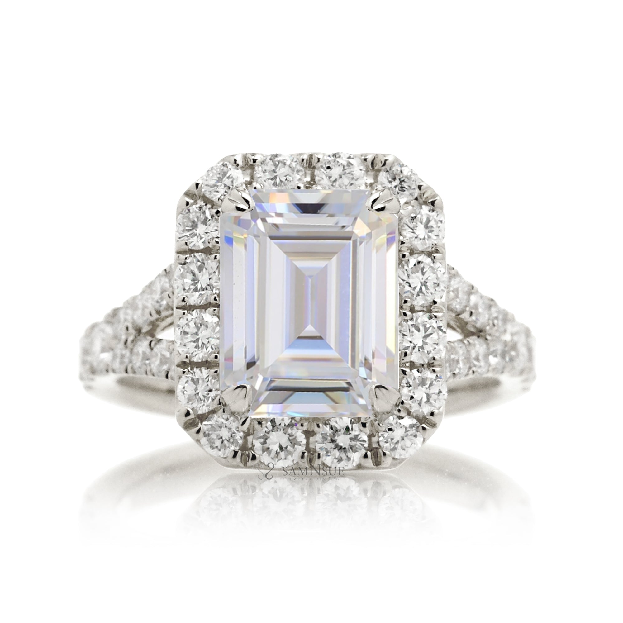 Moissanite Engagement Ring with Emerald Cut and Diamond Split Band – The Meghan in White Gold