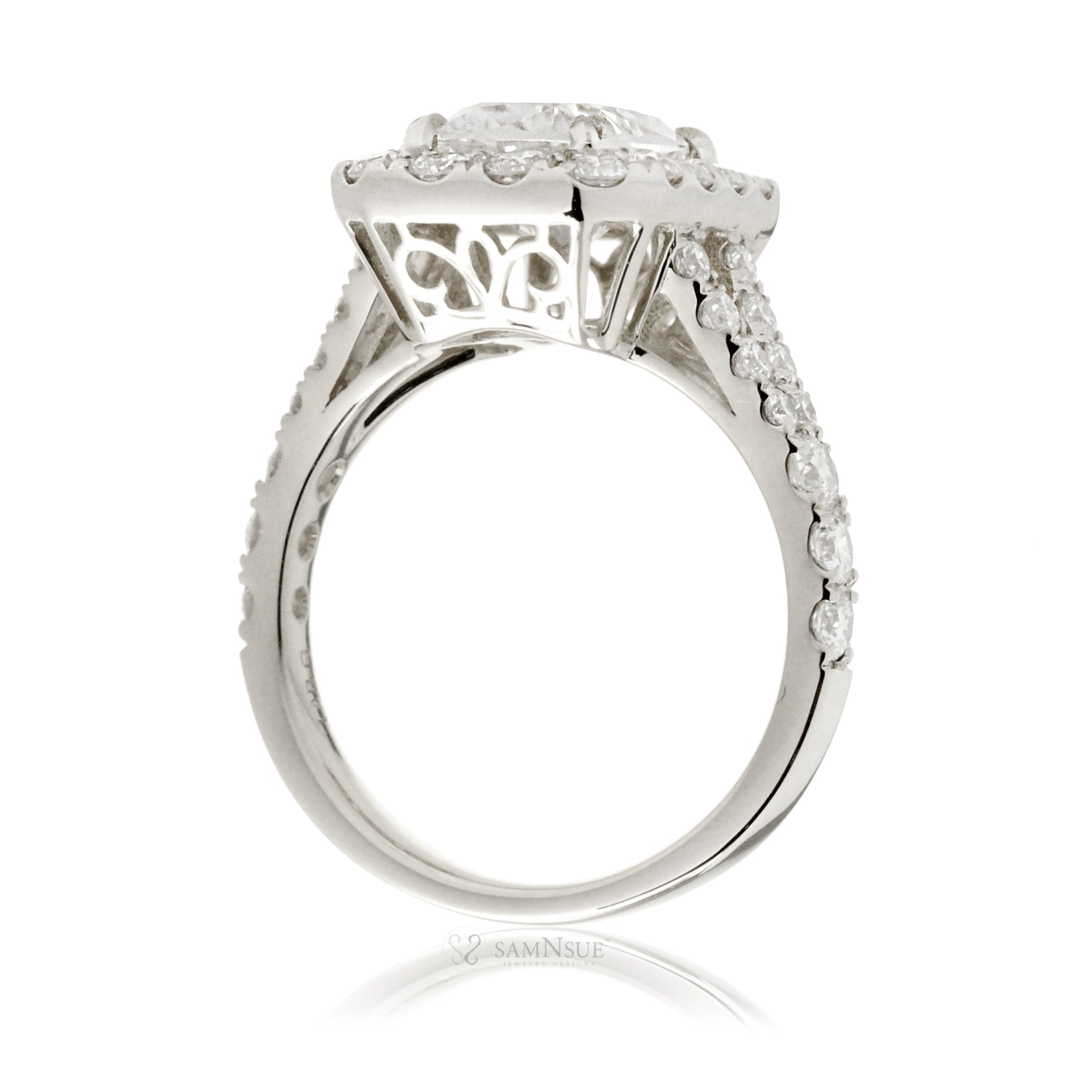 Moissanite Engagement Ring with Emerald Cut and Diamond Split Band – The Meghan in White Gold