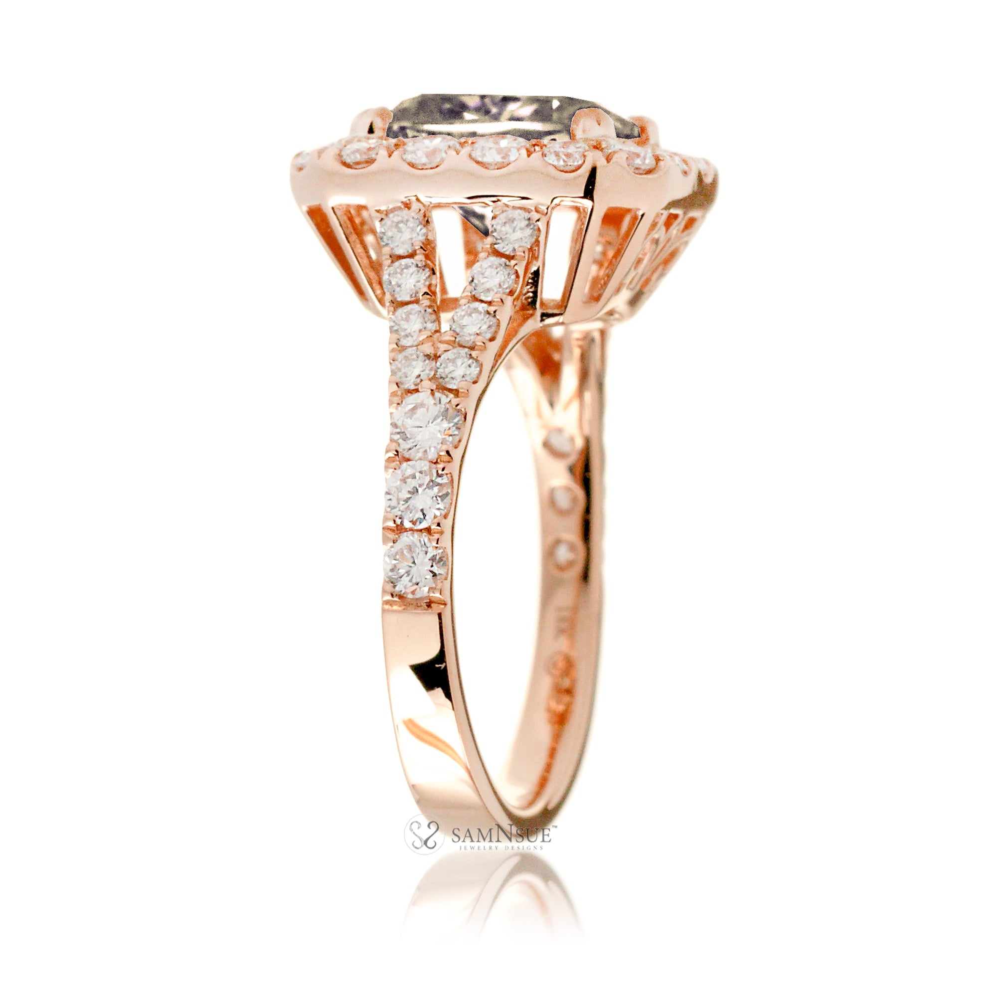 Romantic Morganite Engagement Ring with Emerald Cut and Split Diamond Band – The Meghan in Rose Gold