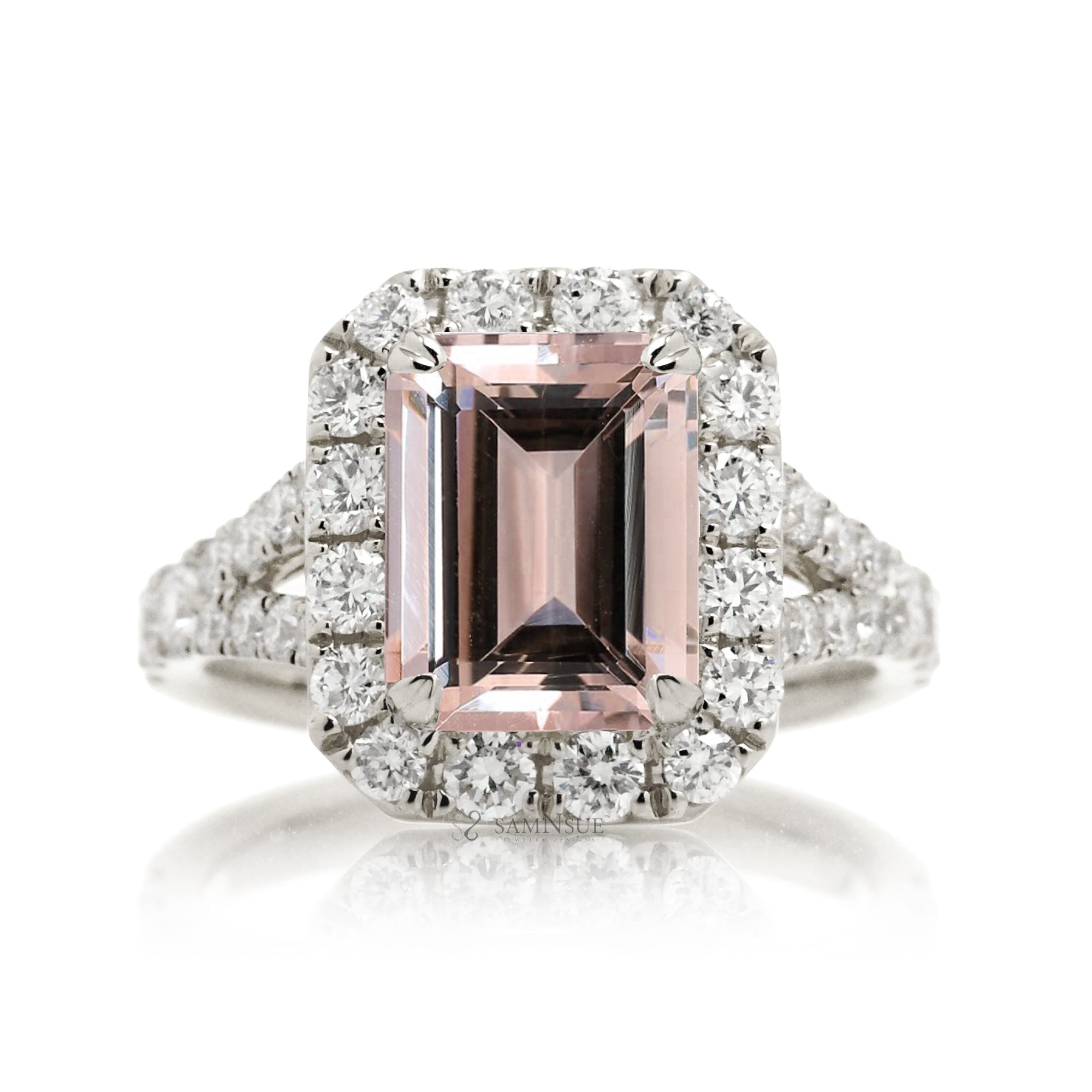 Romantic Morganite Engagement Ring with Emerald Cut and Split Diamond Band – The Meghan in White Gold