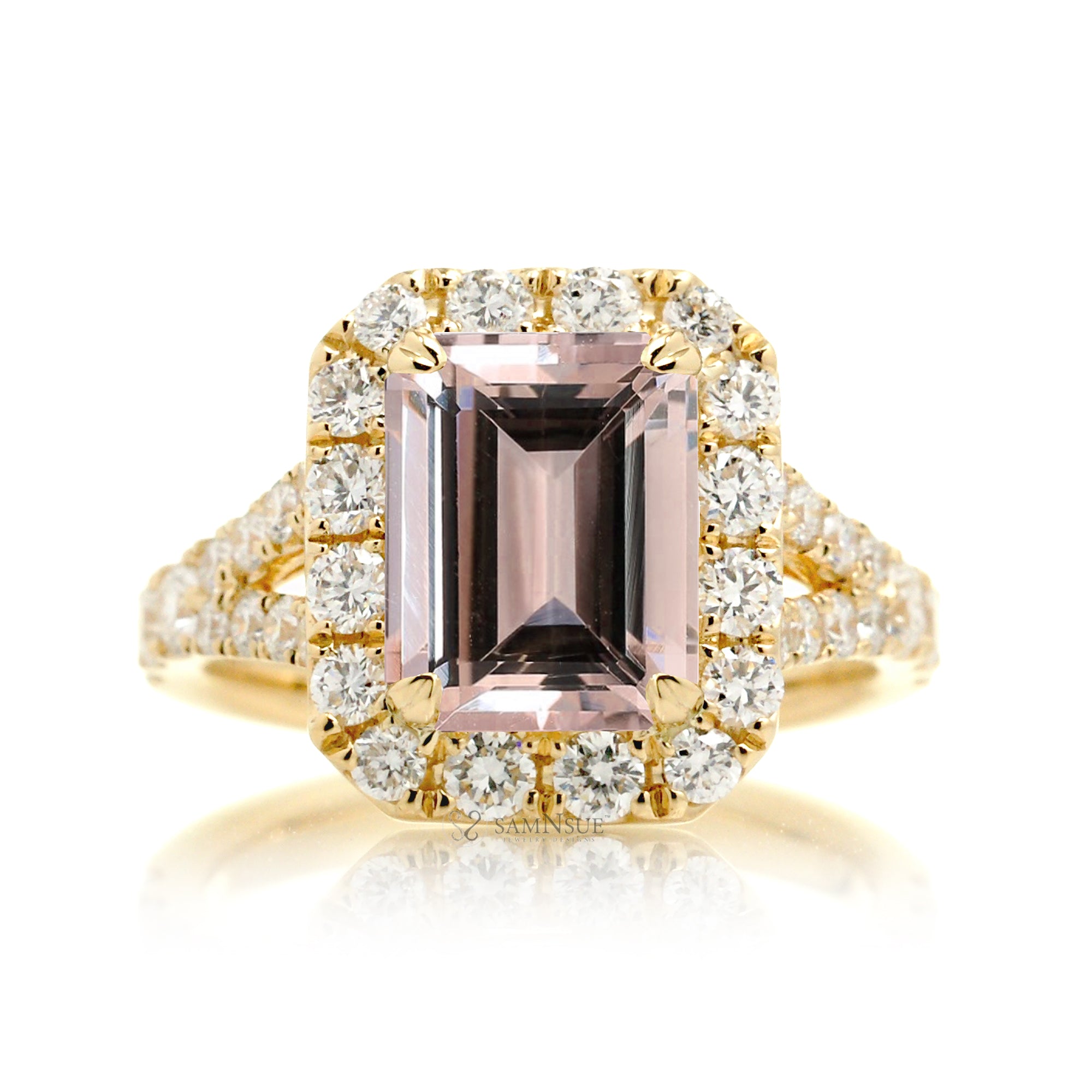 Romantic Morganite Engagement Ring with Emerald Cut and Split Diamond Band – The Meghan in Yellow Gold
