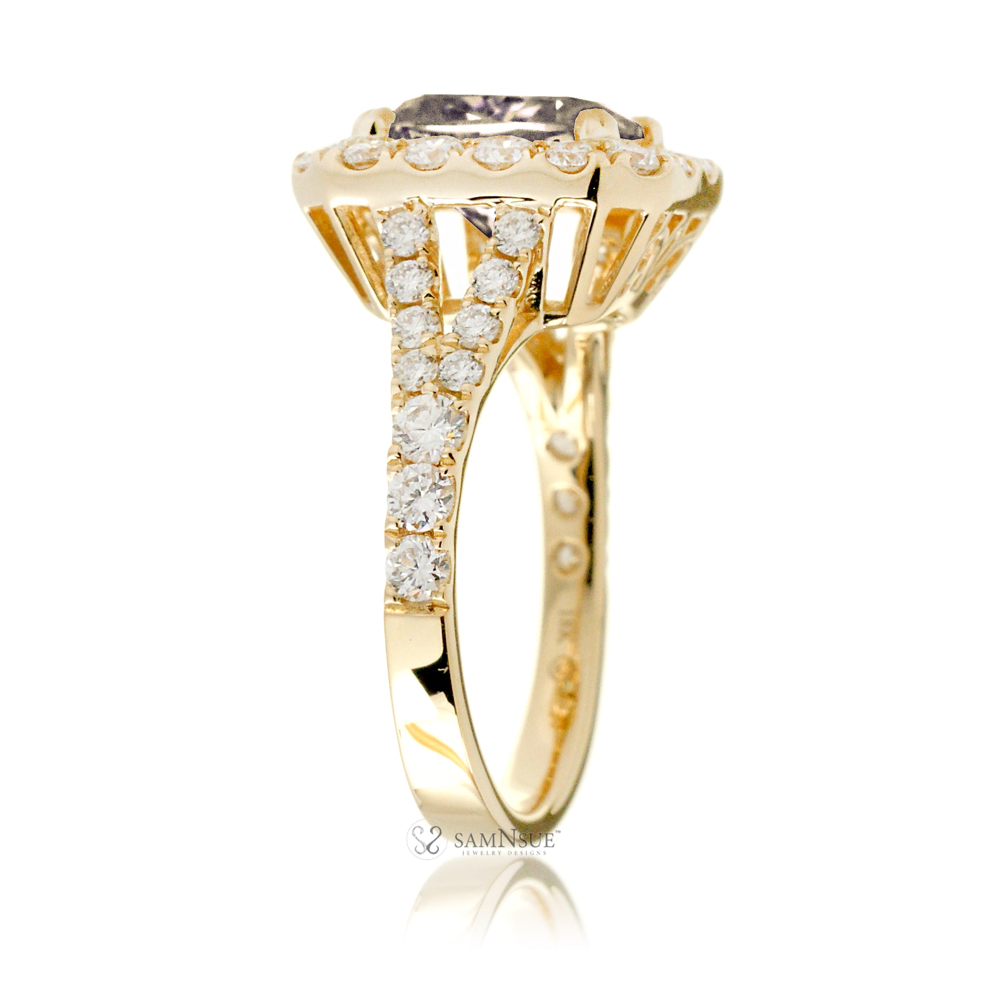 Romantic Morganite Engagement Ring with Emerald Cut and Split Diamond Band – The Meghan in Yellow Gold