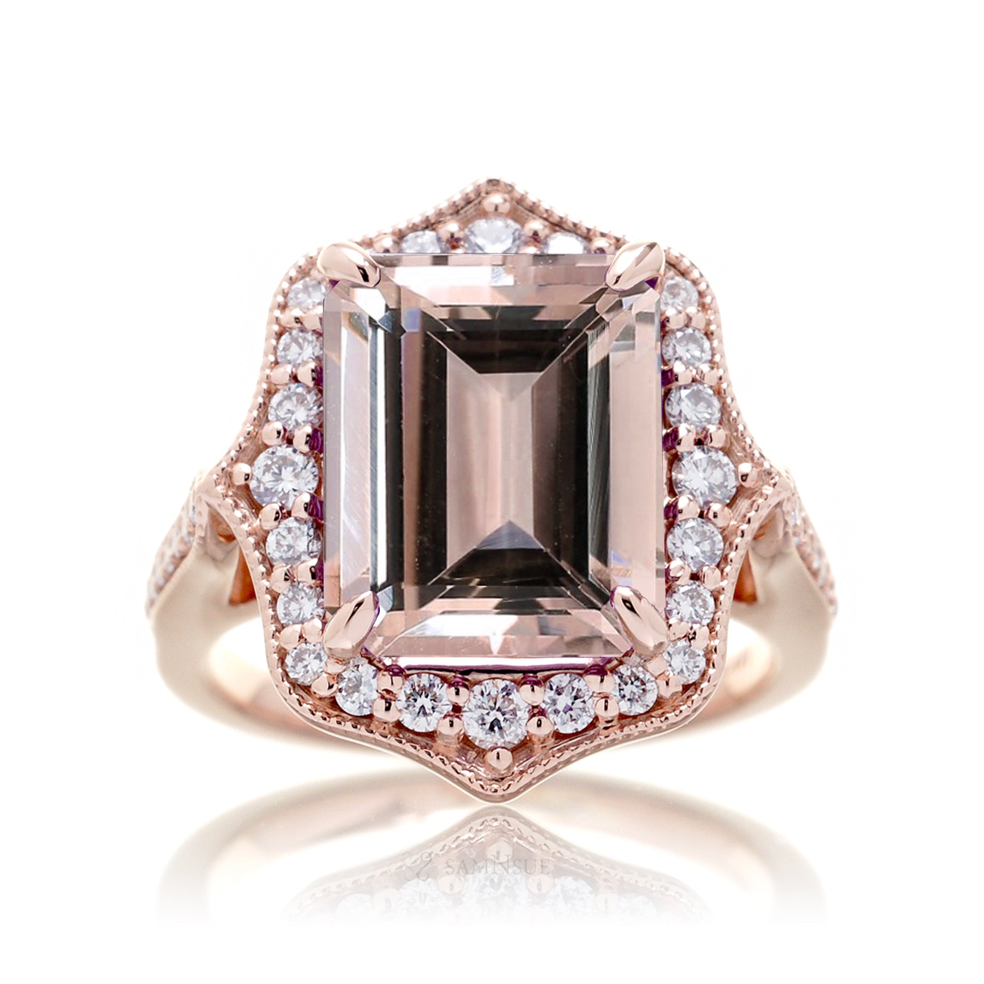 Art Deco Inspired Morganite and Diamond Ring in Rose Gold