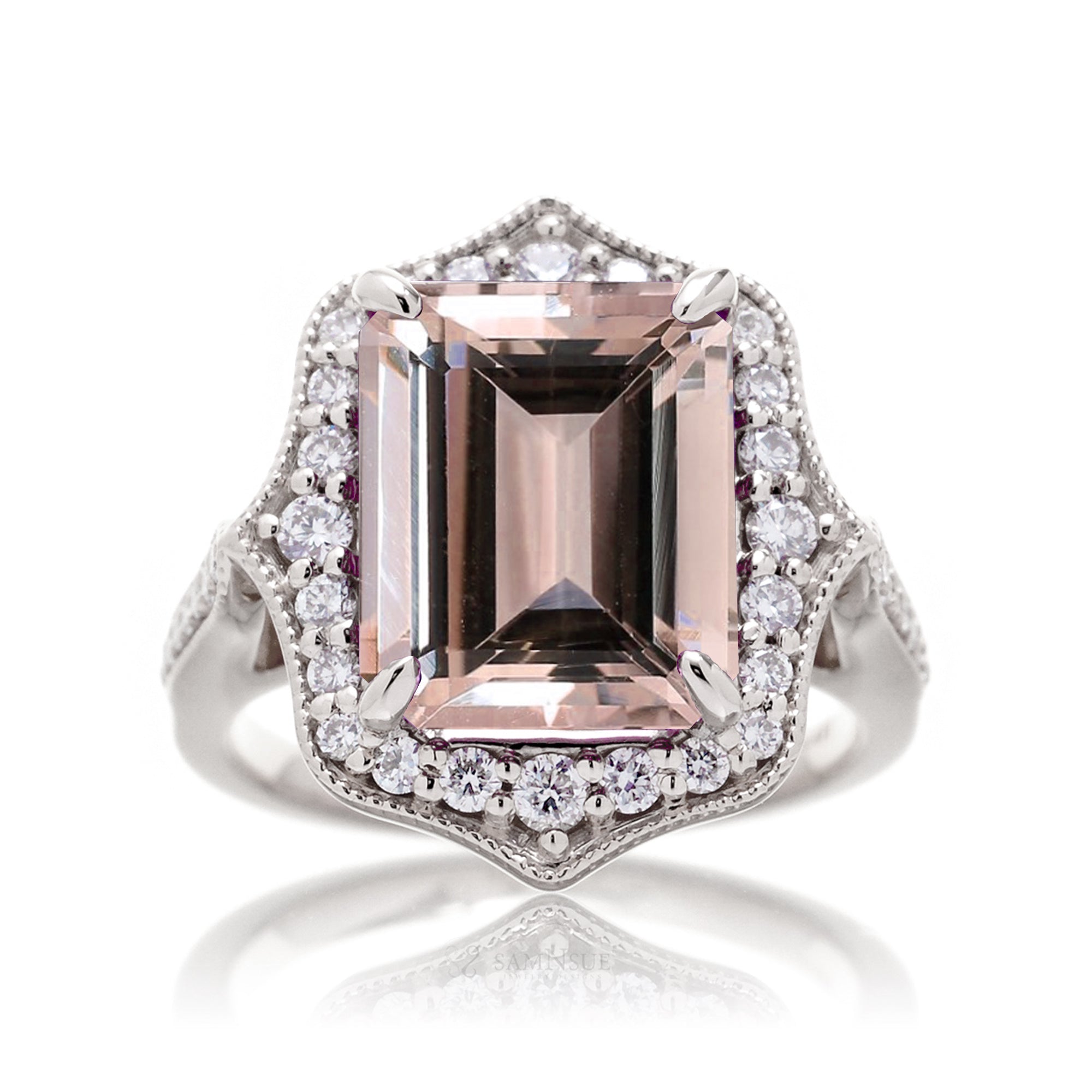 Emerald-Cut Morganite and Diamond Ring in White Gold