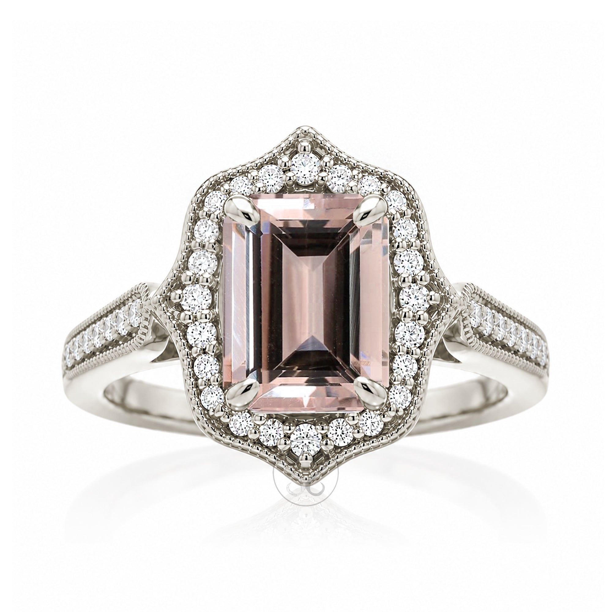 Emerald-Cut Morganite and Diamond Ring in White Gold