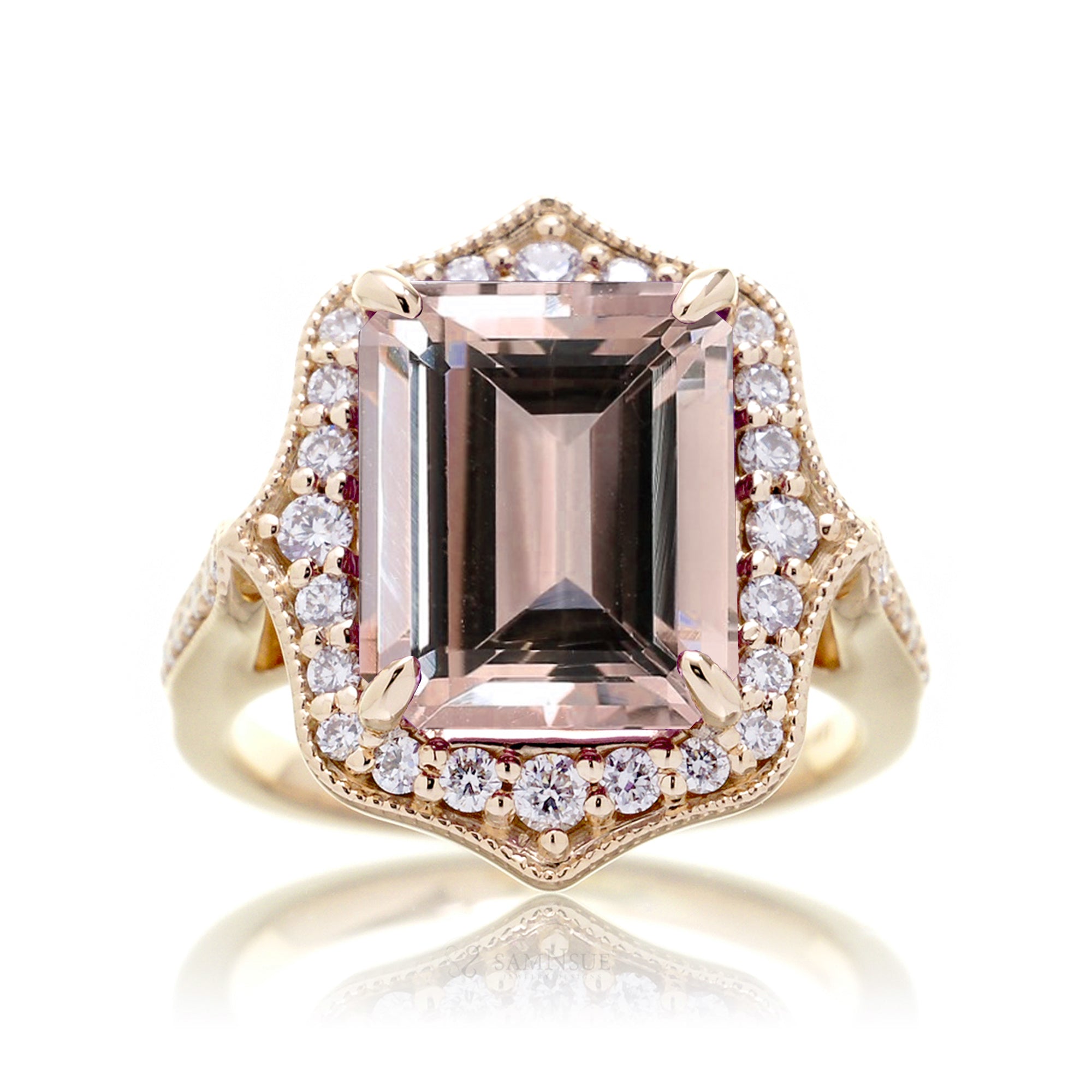 Vintage Morganite and Diamond Halo Ring in Yellow Gold