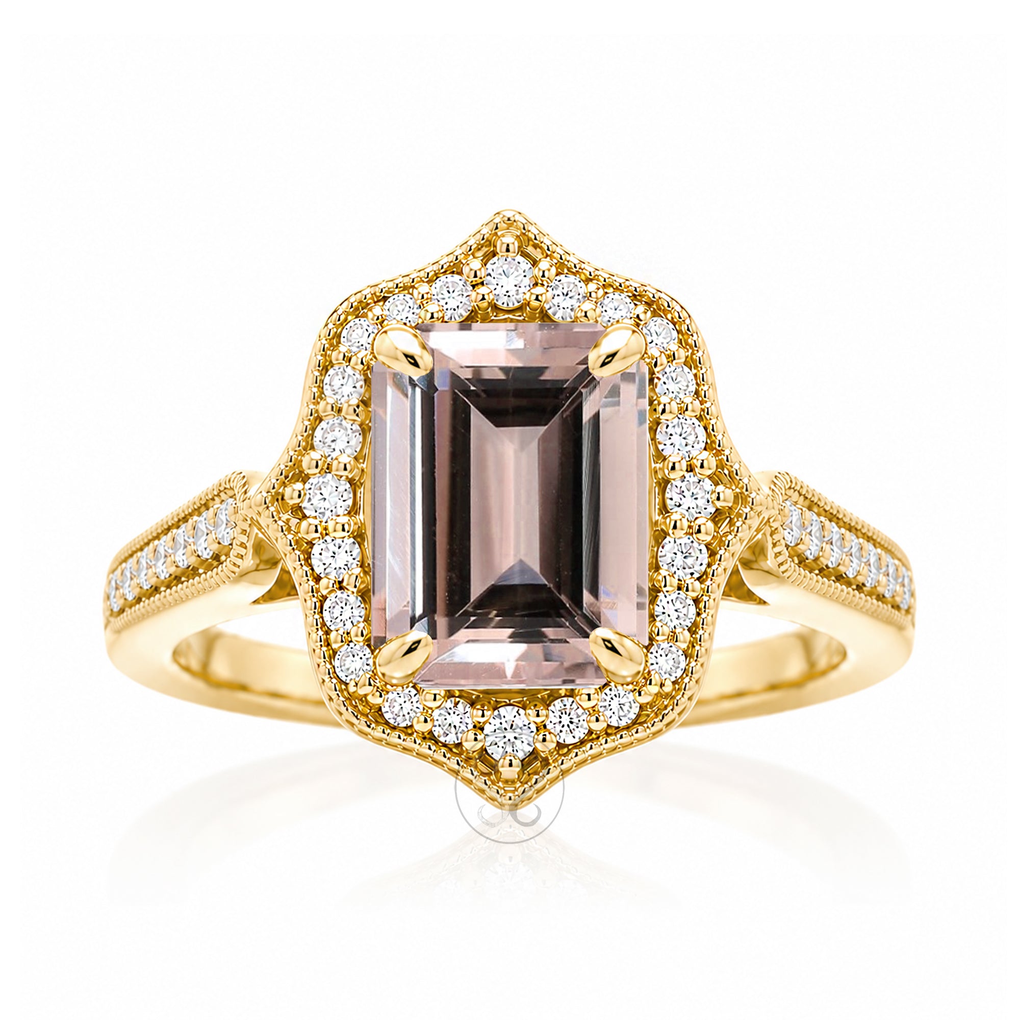 Vintage Morganite and Diamond Halo Ring in Yellow Gold