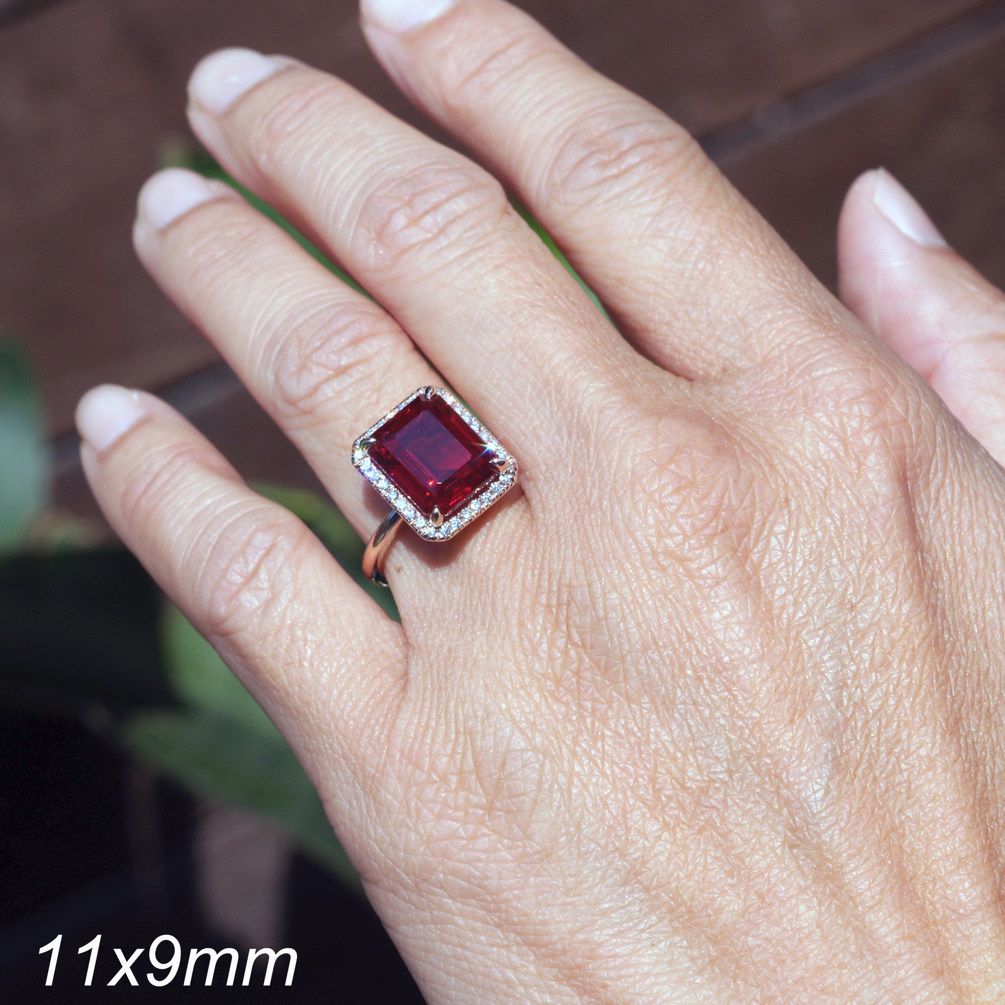 Ruby engagement ring diamond halo the Drenched emerald cut rose gold solid band