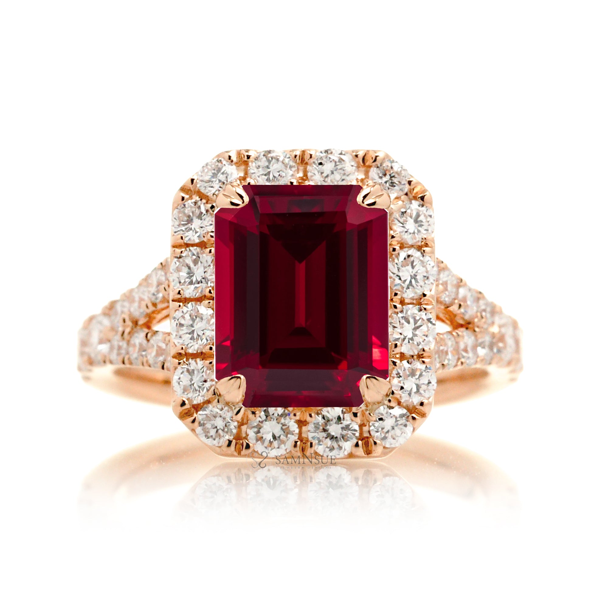 Emerald-Cut Ruby Engagement Ring with Diamond Halo and Split Shank Rose Gold